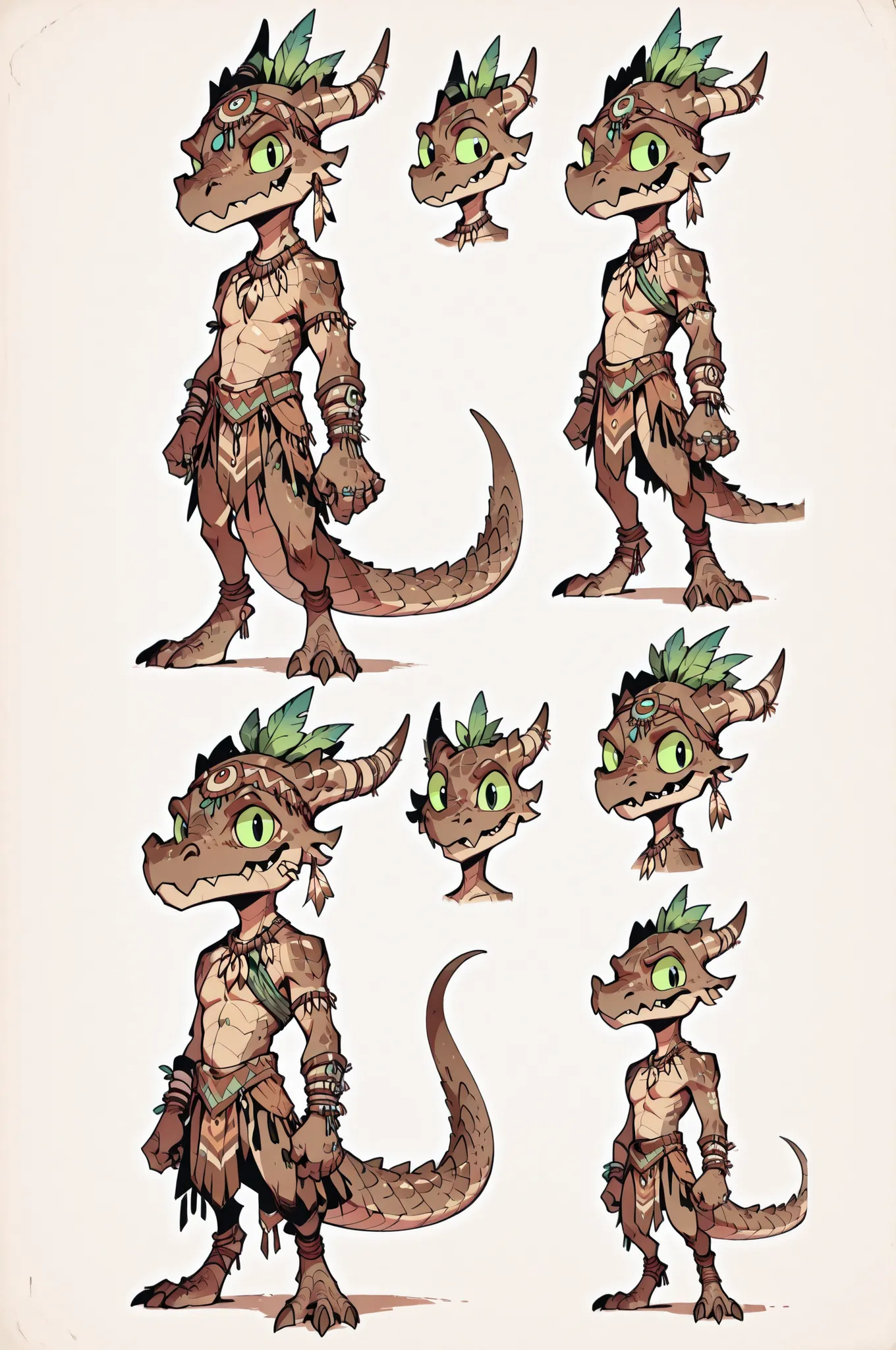 Three( male,brown skin, brown scales, (((Kobold)), (detailed kobold)) wearing a adventure equipament , a tribal clothes , character design, toon style