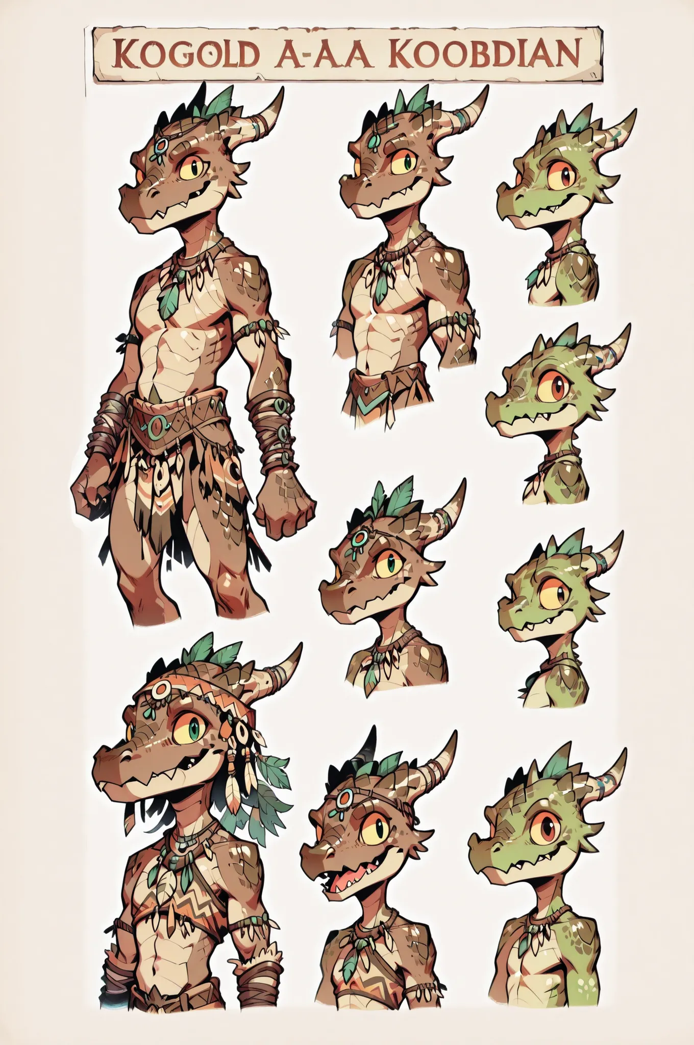Three( male,brown skin, brown scales, (((Kobold)), (detailed kobold)) wearing a adventure equipament , a tribal clothes , character design, toon style