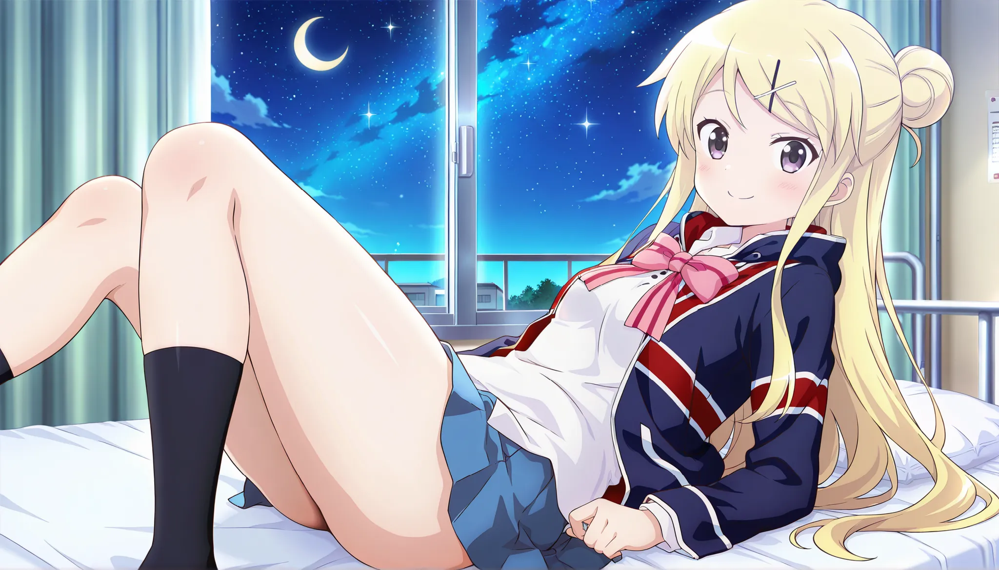 1girl , unwellness(autonomic nervous system disorder and depression) smile thick thighs Kujou Karen very long hair , blonde hair , single hair bun , hairclip , x hair ornament , sidelocks , side swept bangs , black eyes , white shirt , collared shirt , uni...