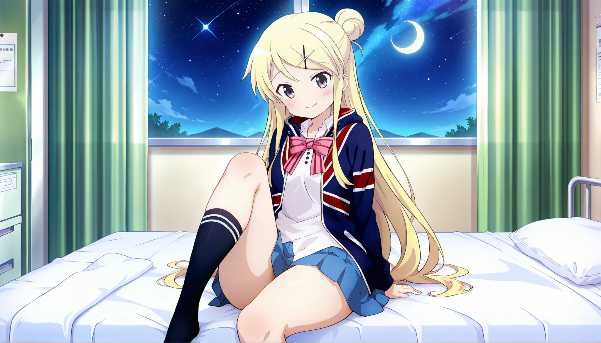 1girl , unwellness(autonomic nervous system disorder and depression) smile thick thighs Kujou Karen very long hair , blonde hair , single hair bun , hairclip , x hair ornament , sidelocks , side swept bangs , black eyes , white shirt , collared shirt , uni...