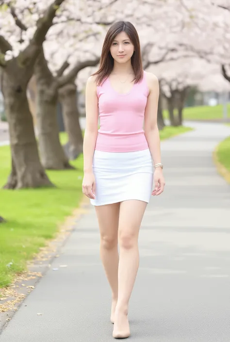 japanese women in their 20s,Beautiful woman with a thin waist with good style,g cup,accentuates cleavage,nipples,Light pink v-neck body-line sleeveless top,a fairly short white pencil miniskirt that hides underwear,Beige high heels,long hair,pretty short w...