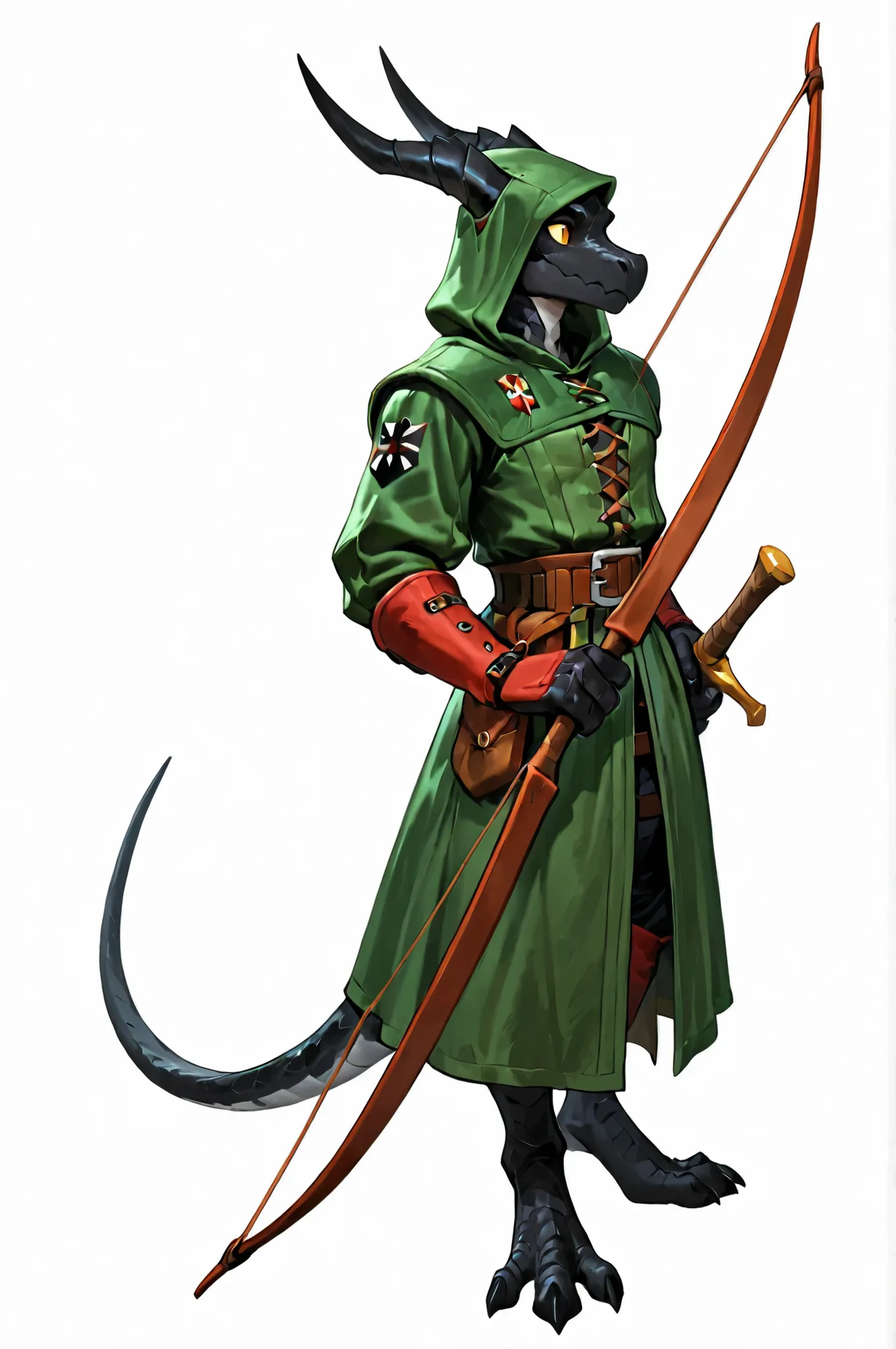 kobold, black scales, archer, hood, militar green hunter clothes, horns, fullbody art, solo, lean, holding a long bow, white background