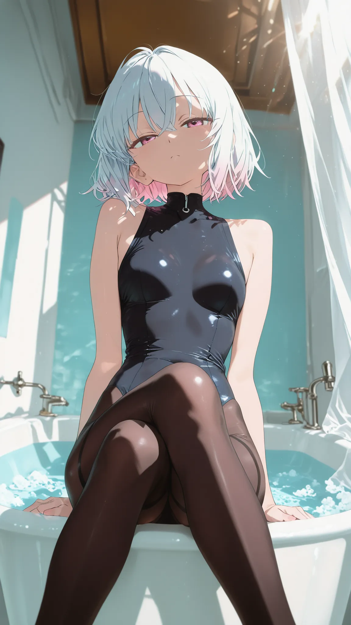 score_9, score_8_up , score_7_up , score_9,Score_9, Score_8_up , Score_7_up ,Anime style, masterpiece, high quality, high detail, dreamy lighting, a girl with pink short hair (slim and proportionate figure, long slender legs), sitting on the edge of a whit...