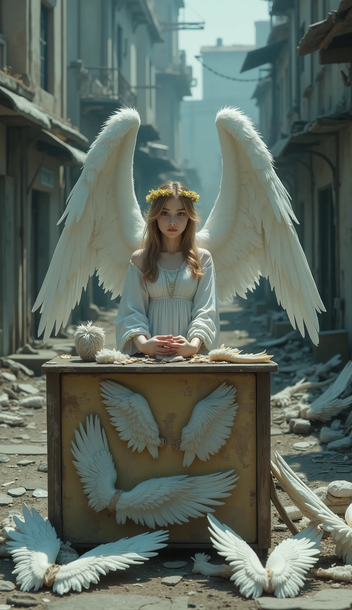 Background: A dilapidated street..A stand selling one wing..Several wings on display..1 angel salesperson..A girl with a angel ring, angel-like.. Selling a One side wing . .. A baby face.. A dilapidated city...super fine srt..hi-res..