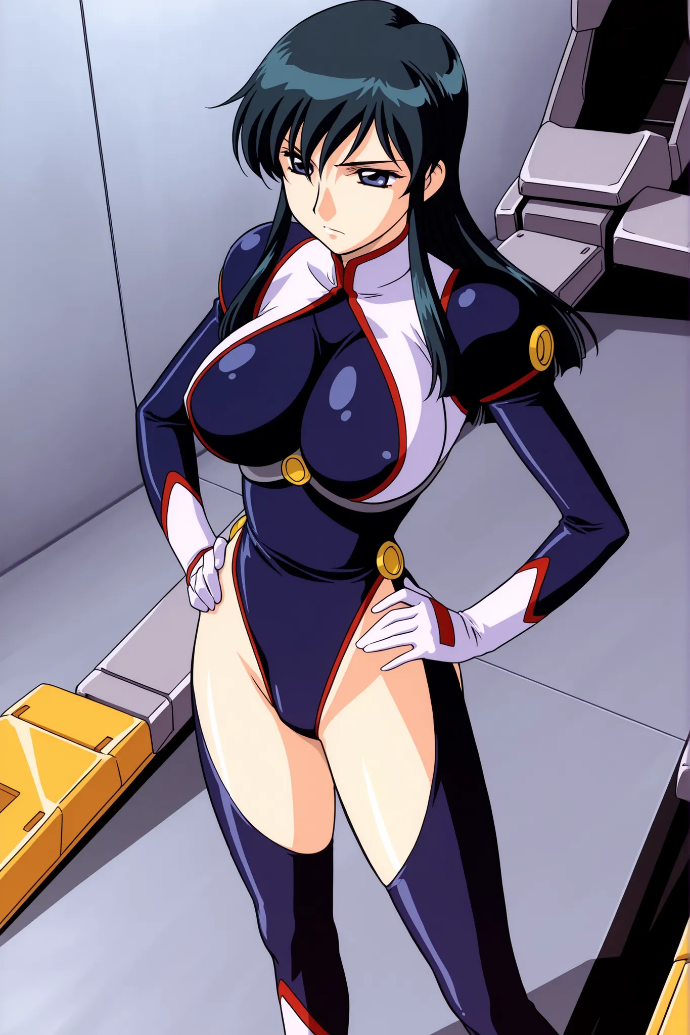 1girl,solo,fujimura shizuru, blue eyes, black hair, long hair, large breasts, leotard, bodysuit, thighhighs,gloves,standing,hands on own hip,open stance,mechanical Aisle,best quality,