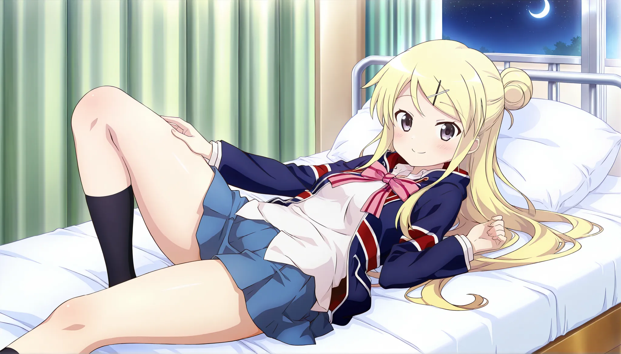 1girl , unwellness(autonomic nervous system disorder and depression) smile thick thighs Kujou Karen very long hair , blonde hair , single hair bun , hairclip , x hair ornament , sidelocks , side swept bangs , black eyes , white shirt , collared shirt , uni...