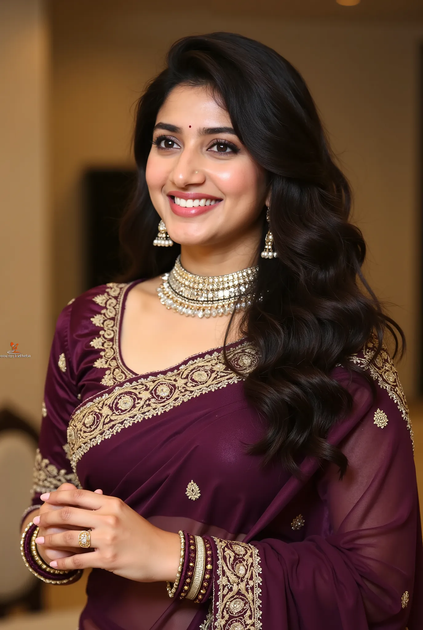 "A stunning woman dressed in a traditional deep purple saree with intricate golden embroidery, adorned with elegant jewelry including a statement choker necklace, matching earrings, and bangles. The background features a soft, blurred indoor setting, addin...