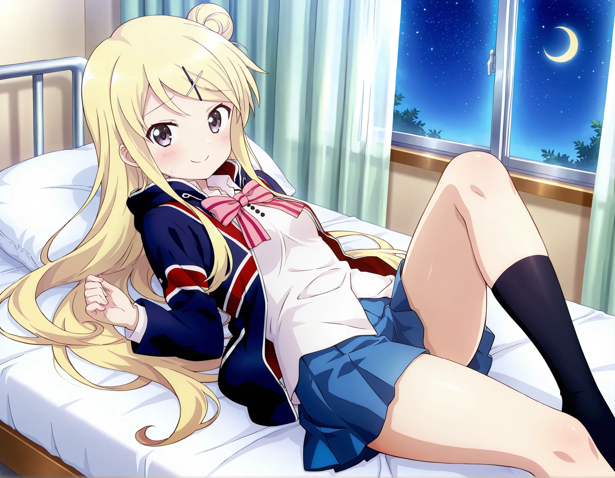 1girl , unwellness(autonomic nervous system disorder and depression) smile thick thighs Kujou Karen very long hair , blonde hair , single hair bun , hairclip , x hair ornament , sidelocks , side swept bangs , black eyes , white shirt , collared shirt , uni...