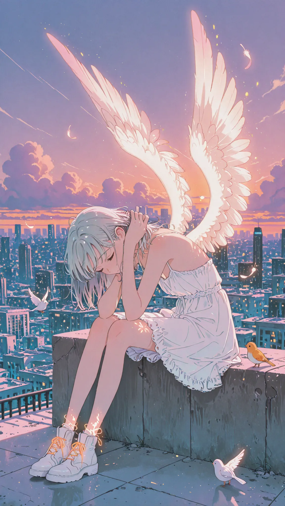 a melancholic anime girl with soft silver hair and a serene expression, sitting quietly on the edge of a tall urban rooftop at sunset, wearing a white dress with frayed edges and glowing threads, her bare shoulders exposed where wings used to be, faint fea...