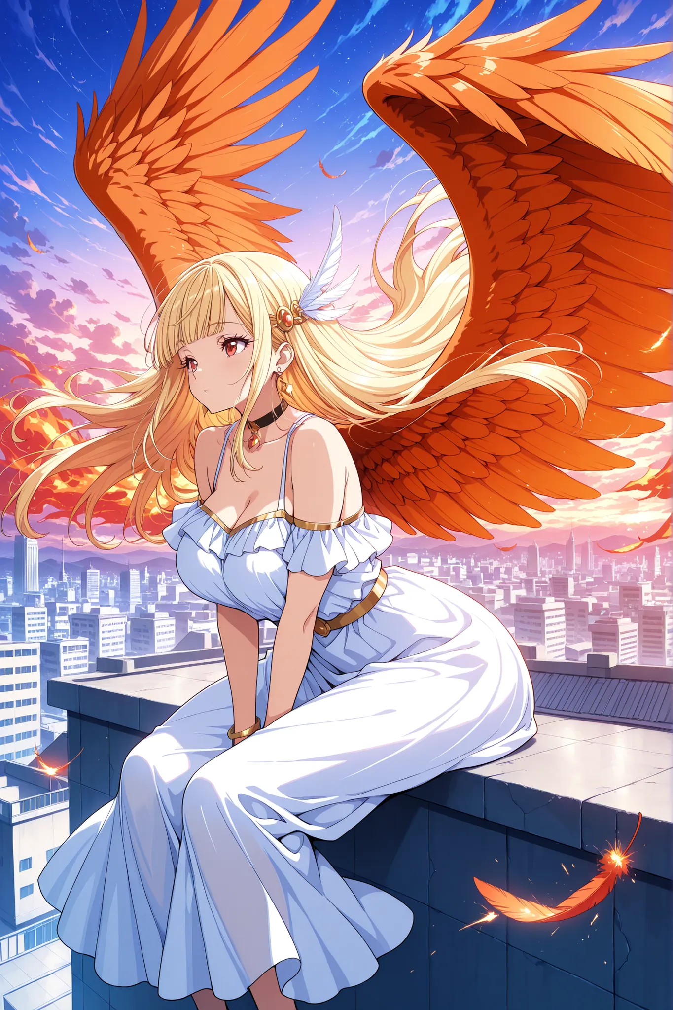 wide shot, (big wings), large wings, (Wings of Fire), (Sparks), (1 Angel Girl),  in heat, looking afar, sitting, big round anime eyes, narrowed eyes, narrow eyes, red eyes, long eyelashes, cute style, long blonde, long sidelocks, blunt bangs, glistening ha...