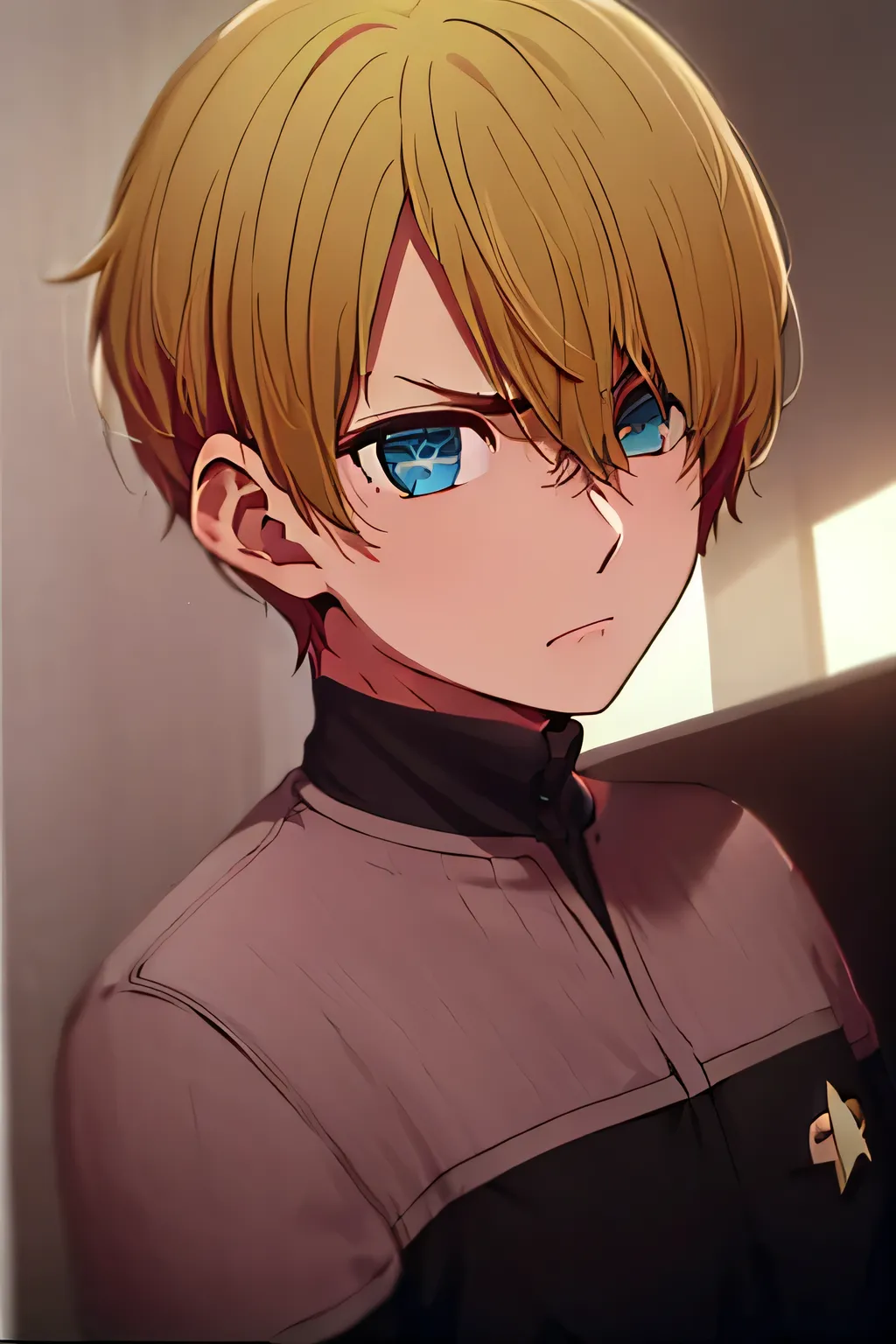 masterpiece, best quality, high quality, 1boy, solo, male focus, looking at viewer, upper body,  hoshino_aquamarine, star-shaped_pupils,  ds9st yellow and black uniform,ds9st operations, deadpan annoyed pissed off angry