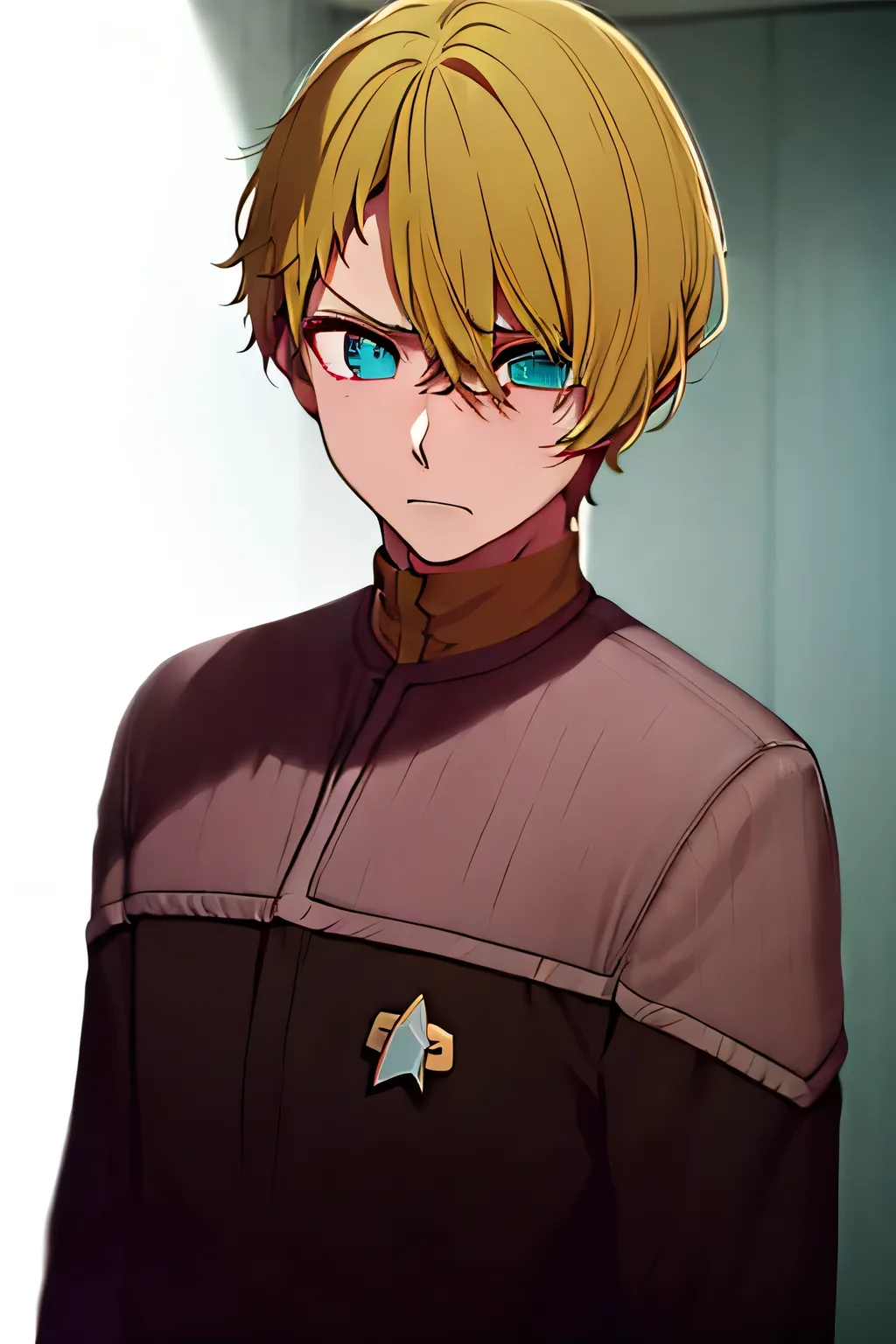 masterpiece, best quality, high quality, 1boy, solo, male focus, looking at viewer, upper body,  hoshino_aquamarine, star-shaped_pupils,  ds9st yellow and black uniform,ds9st operations, deadpan annoyed pissed off angry