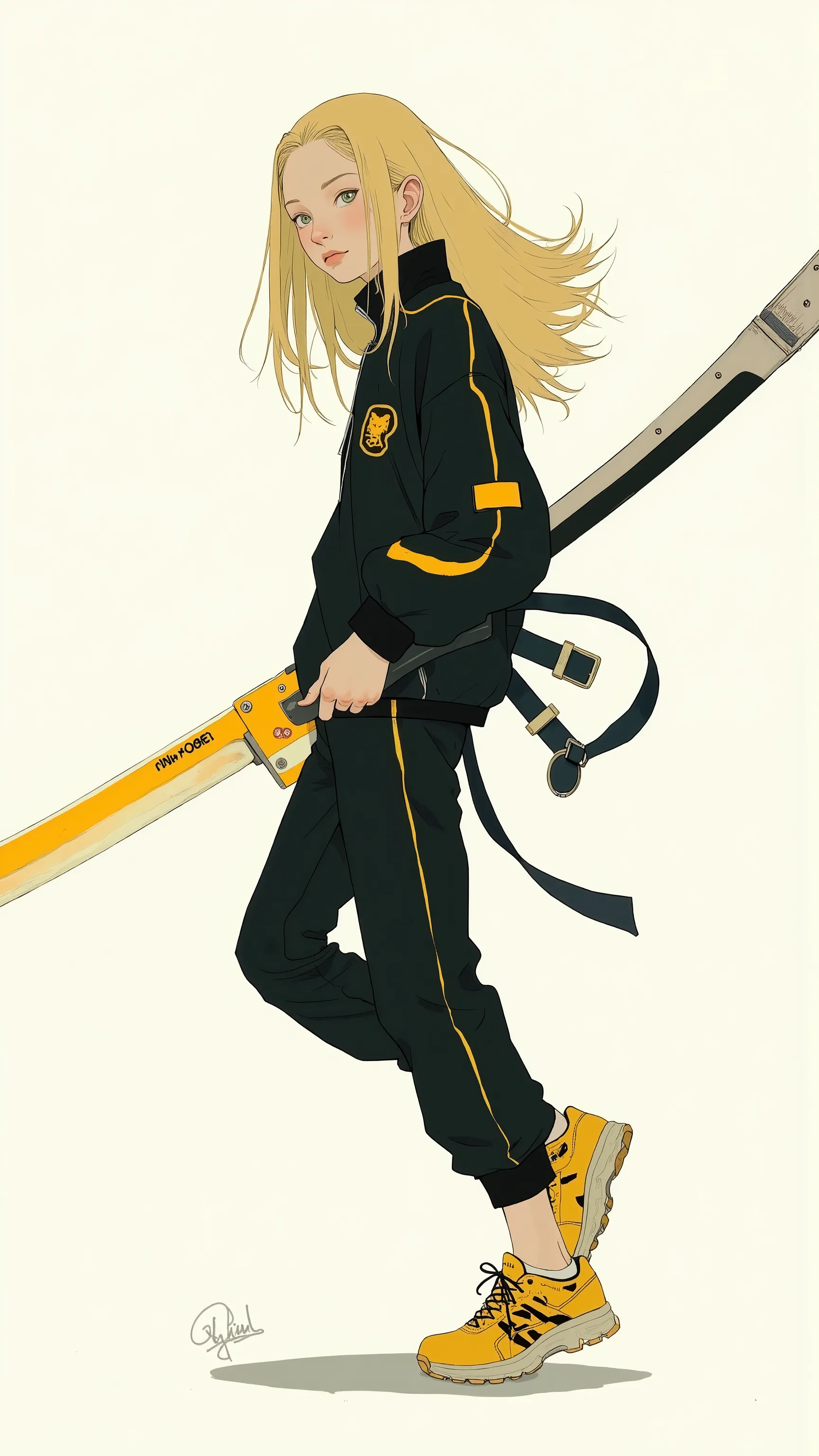 Like、emphasizes dynamic action through drastic motion lines that follow the weapon's path {X} young woman is depicted。日本刀を振るうyoung woman is depicted. I'm wearing a sportswear setup with a yellow black line,入ったスポーツウェアのセットアップを着ている、 yellow Onitatsuka Tiger sn...
