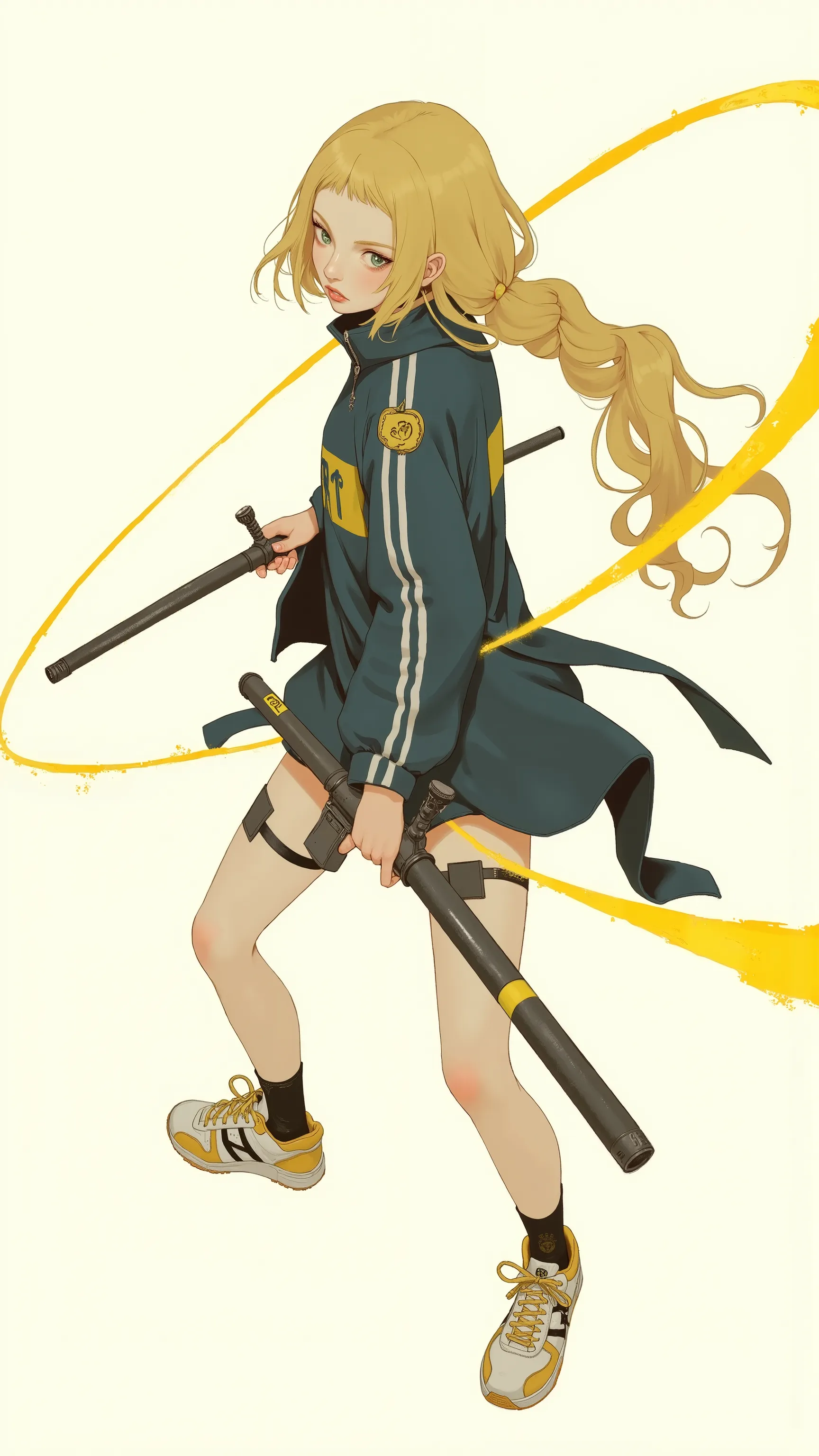 Like、emphasizes dynamic action through drastic motion lines that follow the weapon's path {X} An adult woman is depicted。日本刀を振るうAn adult woman is depicted. I'm wearing a sportswear setup with a yellow black line,wearing a sportswear setup with {x} in it、 y...