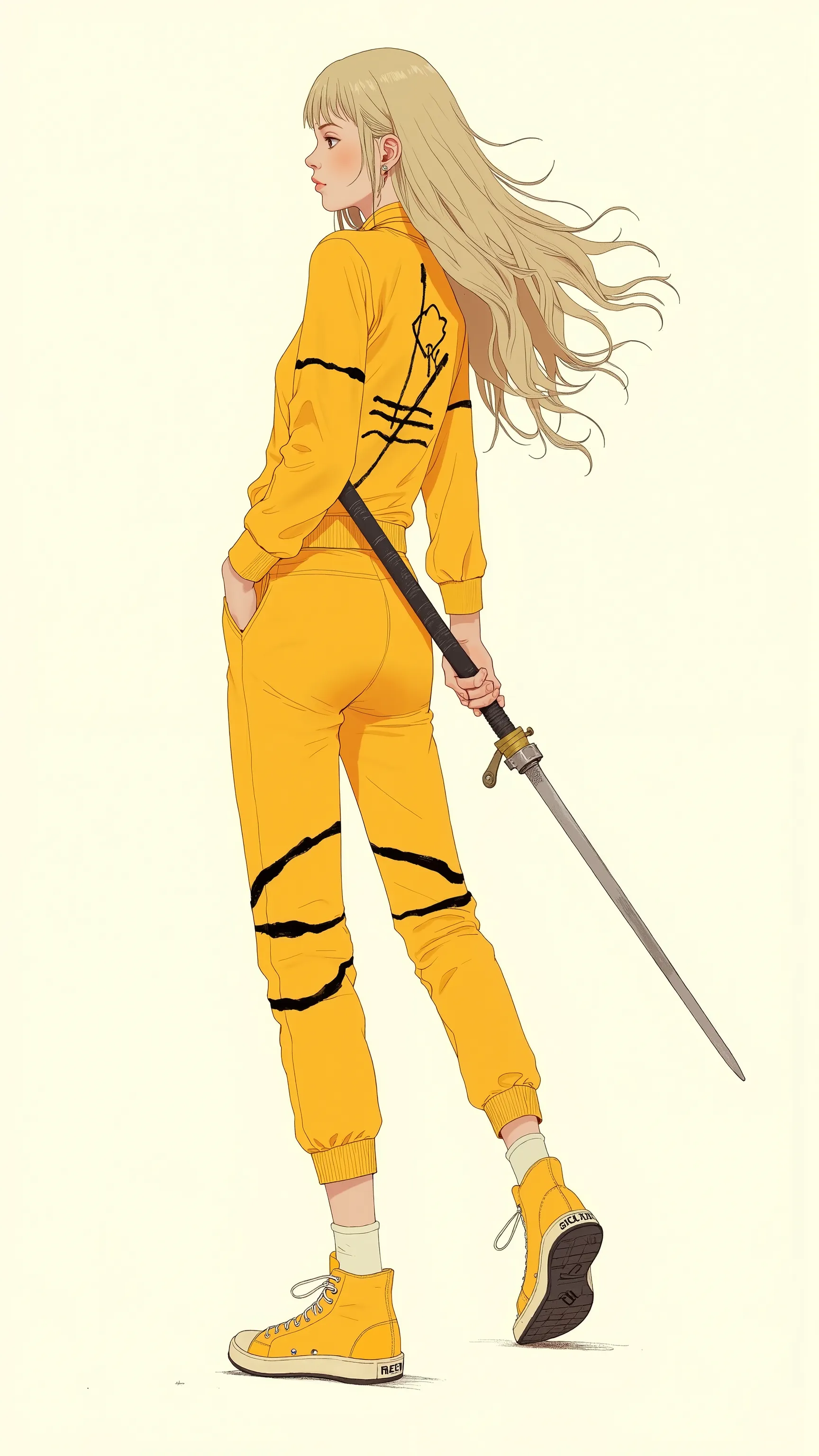 emphasizes dynamic action through drastic motion lines that follow the path of the weapon {X} An adult woman is depicted。日本刀を振るうAn adult woman is depicted. yellow sportswear with black lines、I'm wearing a setup of、 long sleeve long pants、Yellow Onitatsuka ...