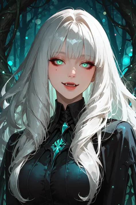 (8k, top quality, masterpiece: 1.4), ultra detail, super resolution, a stunning digital illustration of a stunning witch vampire hybrid, she lives deep in the forest preying on innocent souls, she has long curly white hair, evil venom green eyes, fangs, be...