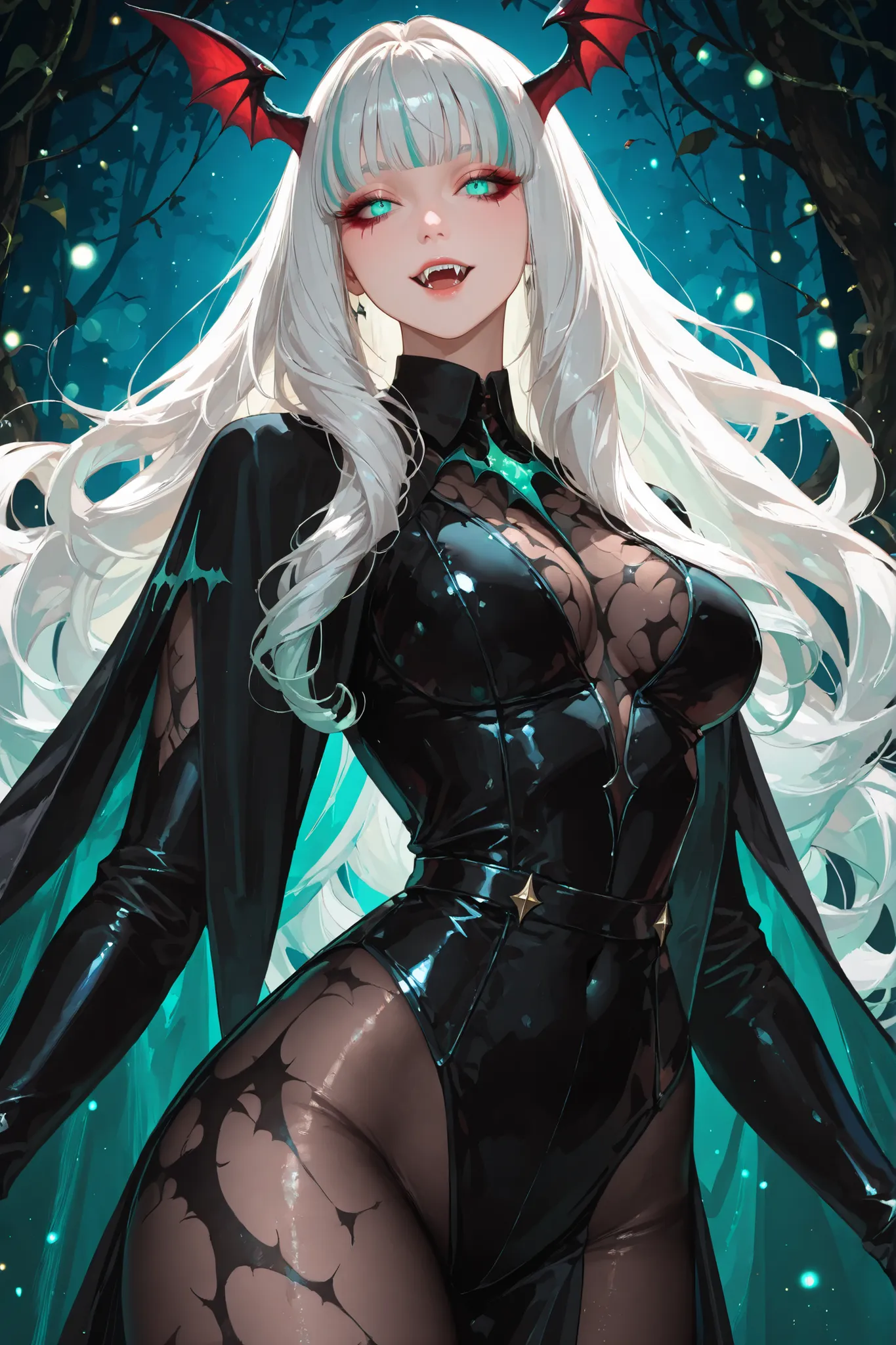 (8k, top quality, masterpiece: 1.4), ultra detail, super resolution, a stunning digital illustration of a stunning witch vampire hybrid, she lives deep in the forest preying on innocent souls, she has long curly white hair, evil venom green eyes, fangs, be...