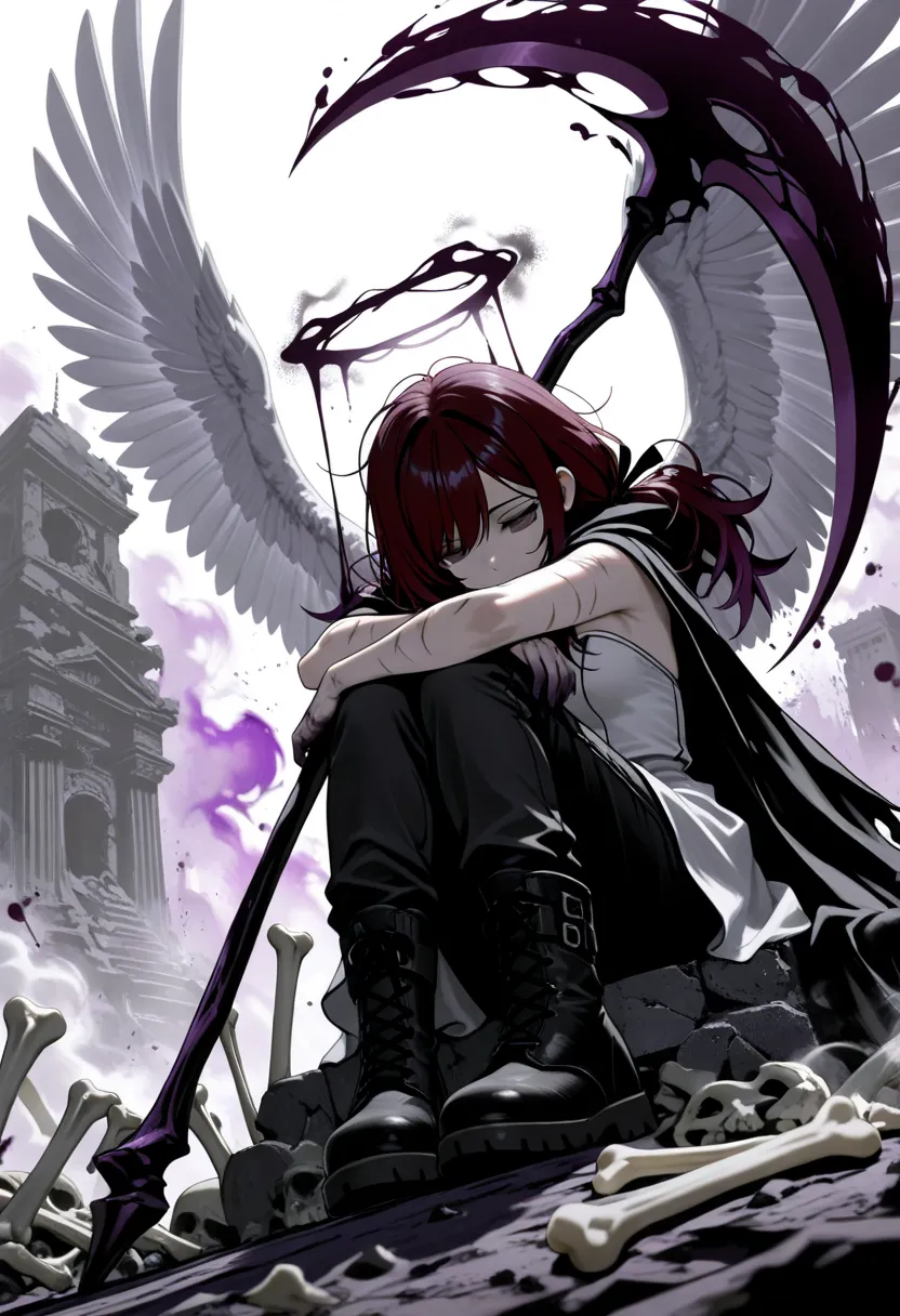 masterpiece, best quality, solo, outdoors, crows in the air, smoke, ruined city, 2girls, character: a girl with messy hair, dark red hair, dark purple highlights, scar, dark shadows on hands, long hair, low twin tails, swept bangs, gray eyes, sitting on base of statue, looking down, lifeless eyes, shadows over eyes, tired, portrait, action pose, dynamic angle, long swept bangs, strapless sleeveless shirt, gray shirt, hair ribbons, black trousers, black cloak, tattered cloak, dusk, black combat boots, holding scythe, dusk, shadowy aura, dark aura, character: white hair, angel, trapped in a large bird cage, ((white angel wing, bone wing, a wing made of bone)), tattered white dress, hugging own knees, trapped, temple ruins, contrast black and white with selective dark purple color accents, dramatic composition with ink splatter effects and motion blur., manga style, dark purple splash effect.