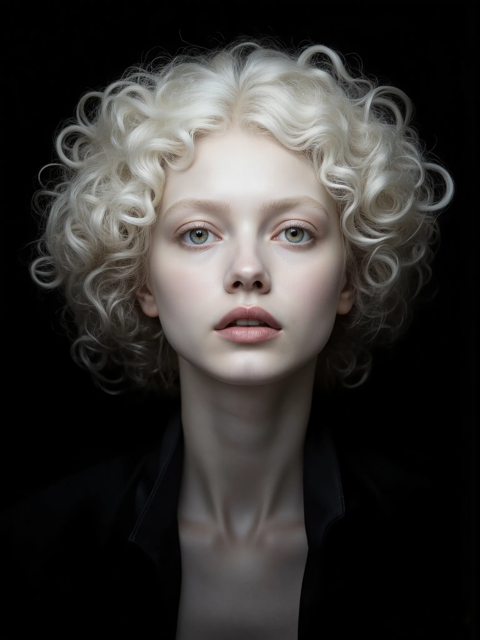 large portrait, fantasy art, hyperrealistic, detailed,  editorial portrait , супер detailed and сложный,  magical , mysterious, albino, big light eyes, white curly hair, collected in a bundle, long neck, elegant pose,  aristocratic , gorgeous,  camera half...