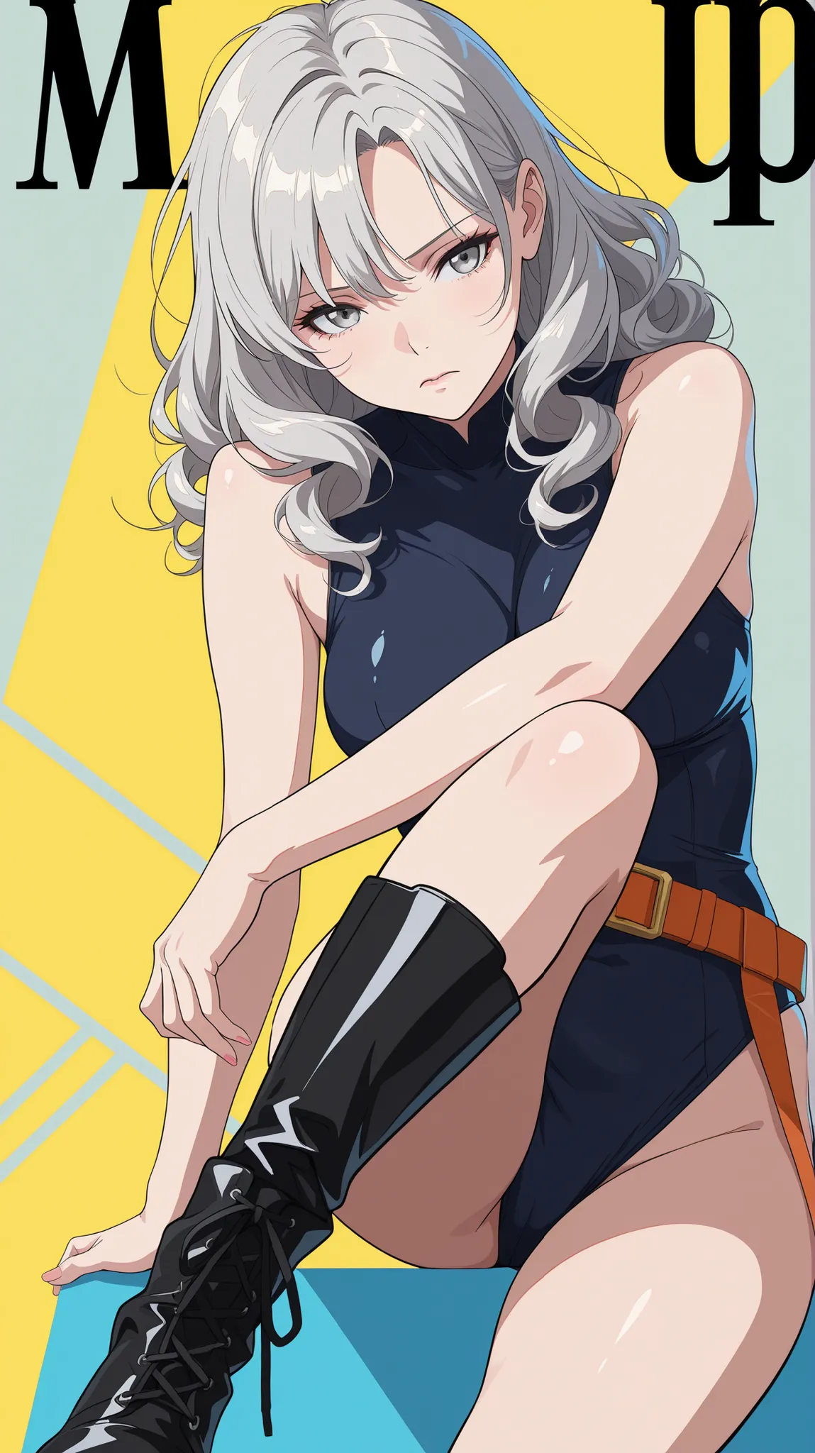 masterpiece, best quality, 8k, high resolution, ultra detailed, flat illustration, vector trace, color trace, pop art, ligne claire, newest, manga style, nsfw, 
1girl, solo, mature female, (24 years old), Menhera Girl, natural beauty, silver hair, curly ha...