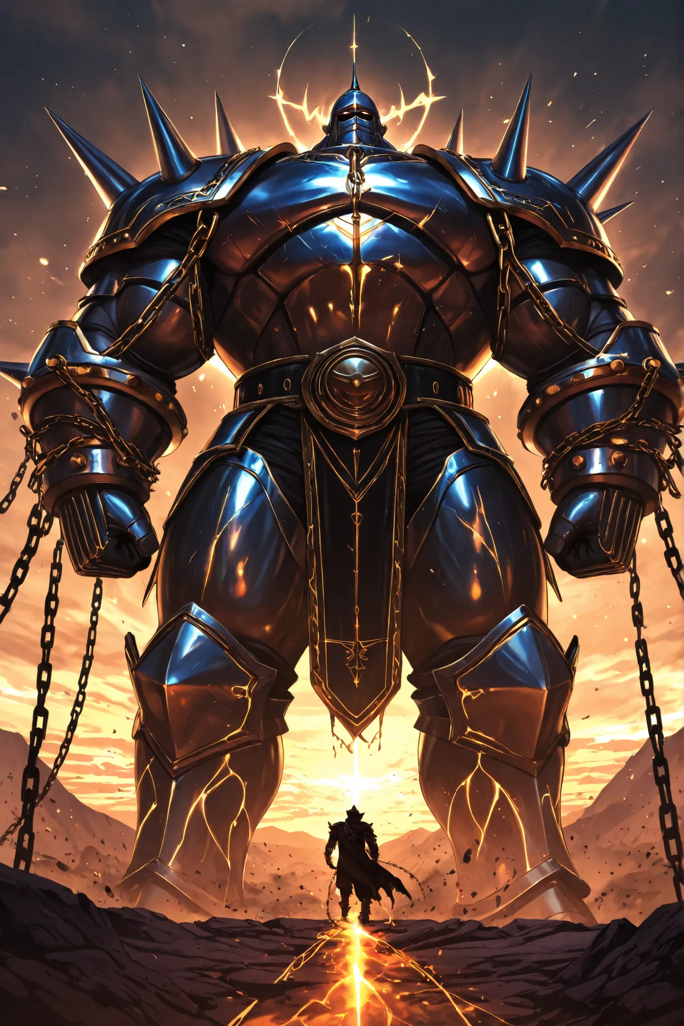 A gigant warrior, shiny armor, has chains around his arms, he is in a battle field, high quality 