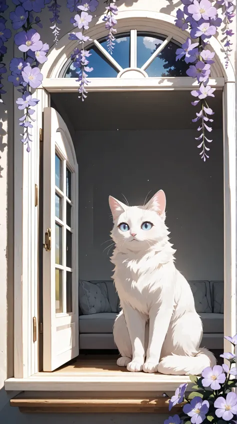 A fluffy, light gray and white cat with large blue eyes, sits in a sun-drenched window seat framed by pastel purple flowers,  exuding a soft, dreamy aesthetic with a painterly, detailed style.