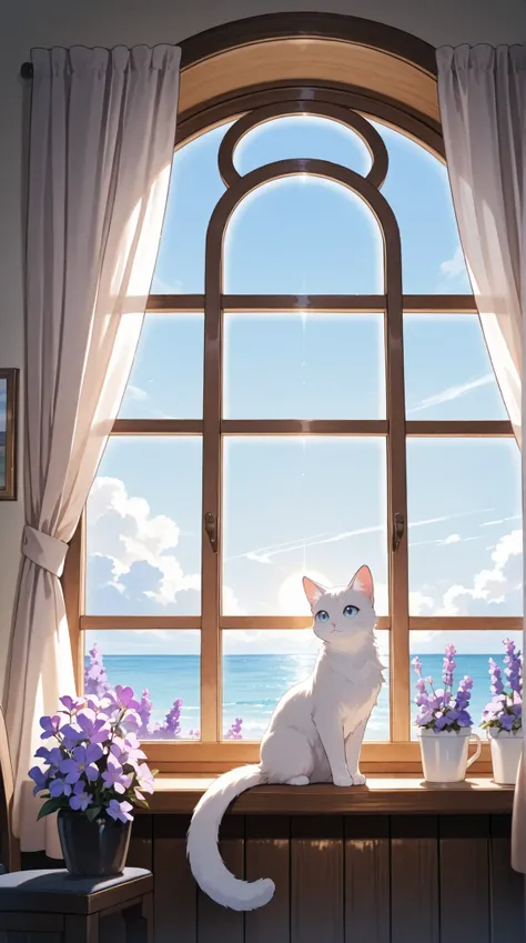 A fluffy, light gray and white cat with large blue eyes, sits in a sun-drenched window seat framed by pastel purple flowers,  exuding a soft, dreamy aesthetic with a painterly, detailed style.
