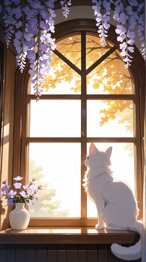A fluffy, light gray and white cat with large blue eyes, sits in a sun-drenched window seat framed by pastel purple flowers,  exuding a soft, dreamy aesthetic with a painterly, detailed style.