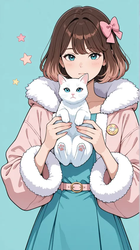 A pin-up style illustration of a woman with long brown hair, wearing a teal dress with faux fur trim and large pink bow, holding a white cat; the style is reminiscent of 1950s pin-up art, with a soft, pastel color palette, and a focus on exaggerated featur...