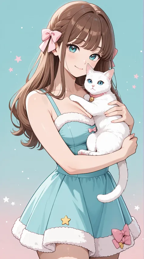 A pin-up style illustration of a woman with long brown hair, wearing a teal dress with faux fur trim and large pink bow, holding a white cat; the style is reminiscent of 1950s pin-up art, with a soft, pastel color palette, and a focus on exaggerated featur...