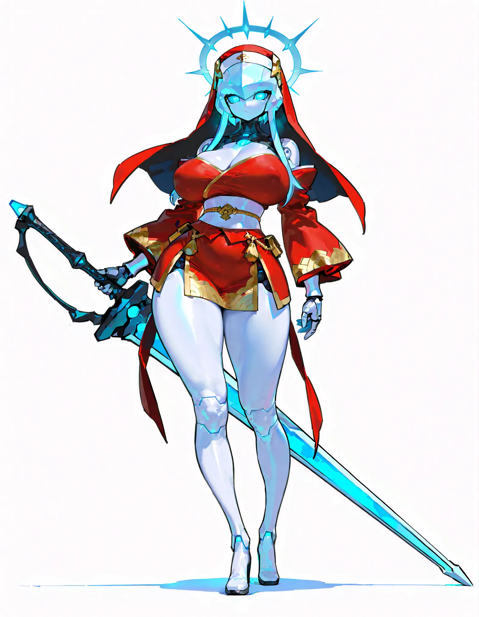 (((masterpiece))), (((Best Quality))), ((Ultra-detailed)), ((extremely delicate and beautiful)),solo, Full body, (phyrexian robotic female)(phyrexian android female) (mechanical undead lady) skin replaced with iron, (pale gold hair and glowing ultra-blue e...
