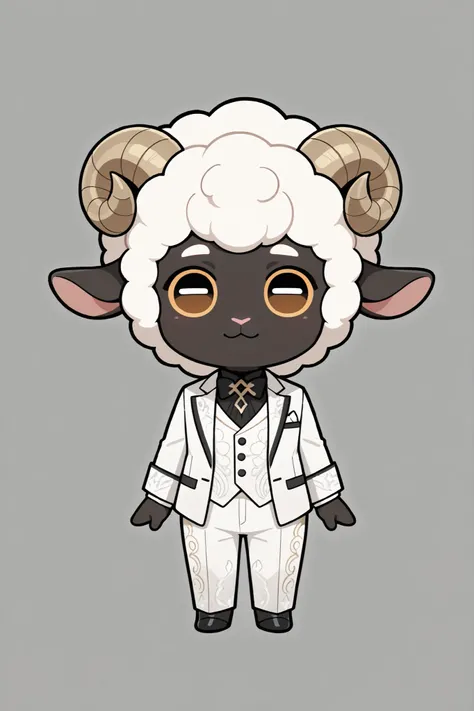 1guy,  male sheep anthro, white wool, opulent white suit, ornate white pants, chibi lamb, masterpiece, best quality, amazing quality, hyper-detailed, newest, very aesthetic