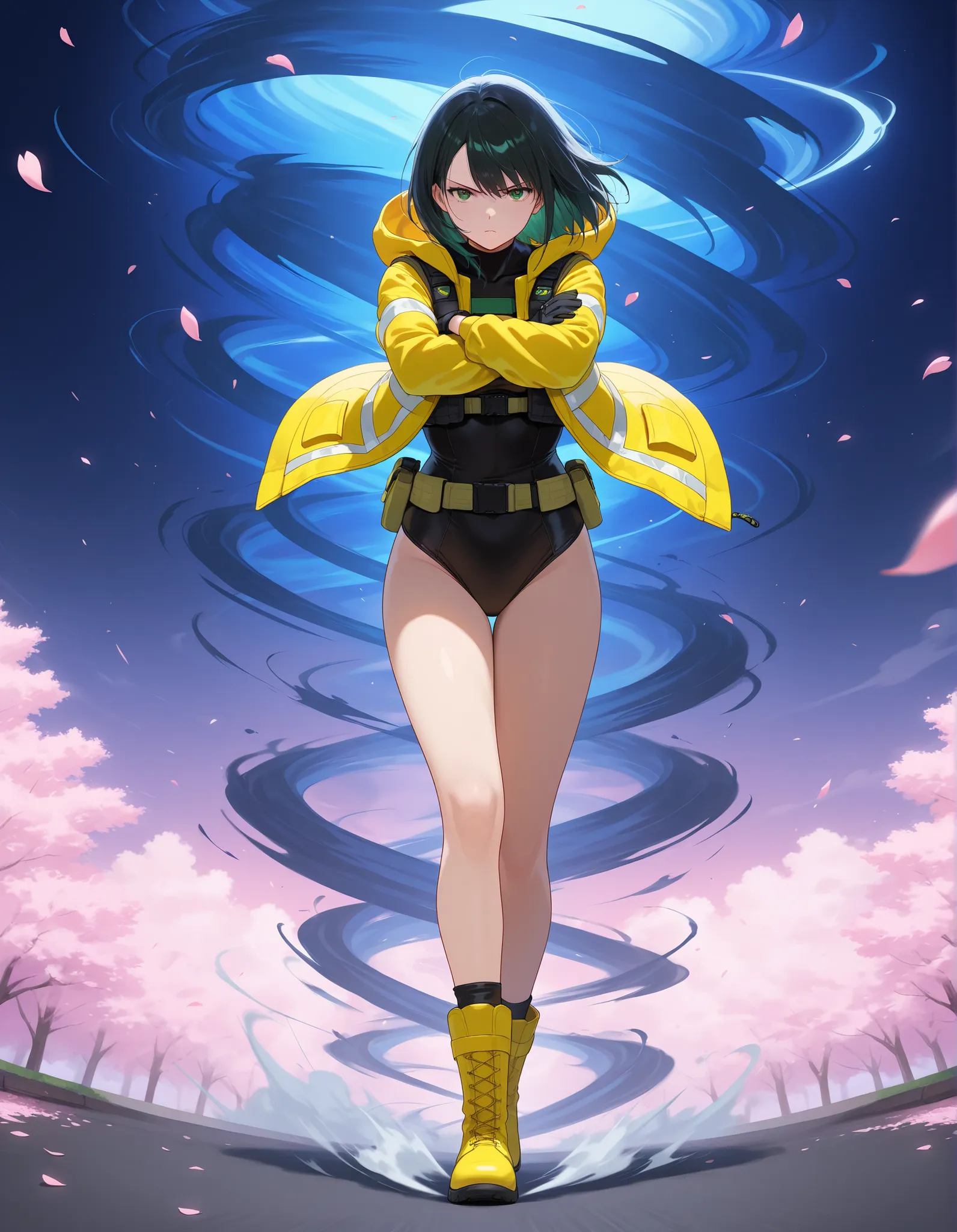 masterpiece, best quality, high res, 8k, 1girl, solo, solo focus, full body shot, (black hair, medium hair, medium breasts, green eyes), ninja, perfect anatomy, cyberpunk style, ((load-bearing vest, belt, black gloves, (black leotard, yellow hooded jacket)...