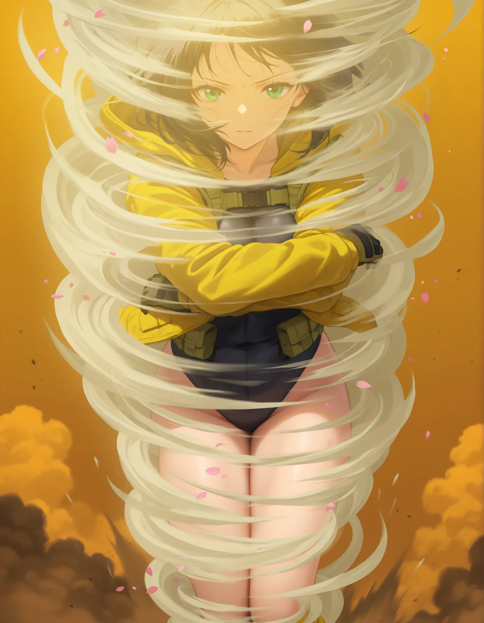 masterpiece, best quality, high res, 8k, 1girl, solo, solo focus, full body shot, (black hair, medium hair, medium breasts, green eyes), ninja, perfect anatomy, cyberpunk style, ((load-bearing vest, belt, black gloves, (black leotard, yellow hooded jacket)...
