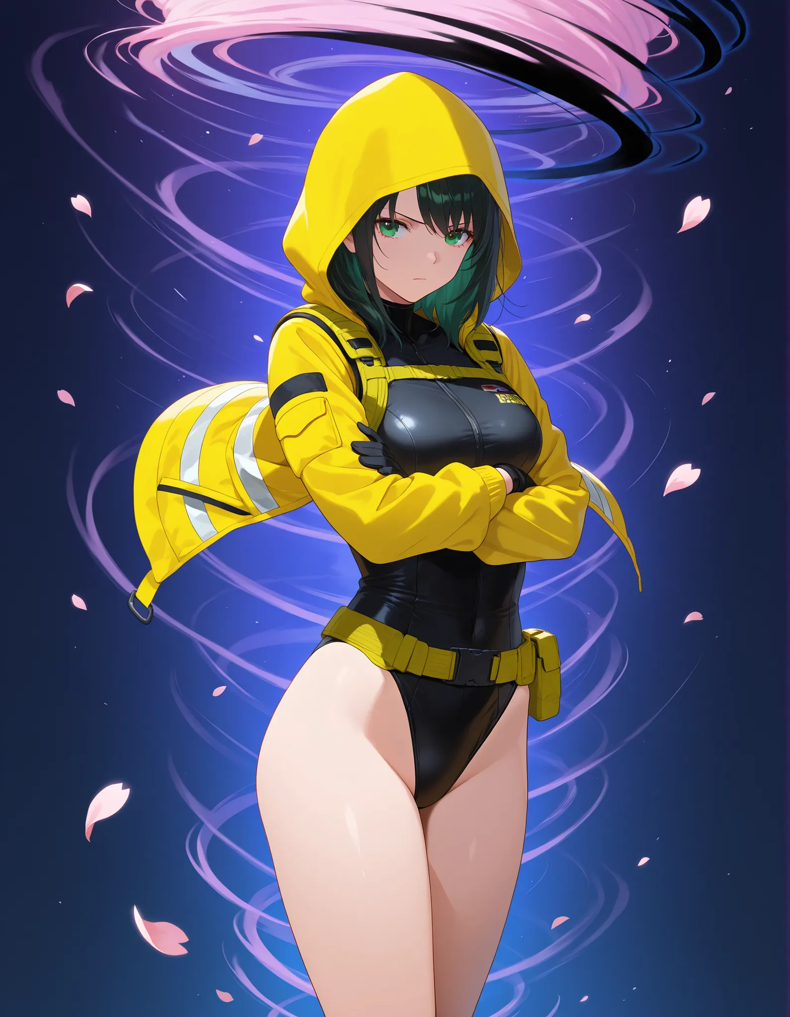 masterpiece, best quality, high res, 8k, 1girl, solo, solo focus, full body shot, (black hair, medium hair, medium breasts, green eyes), ninja, perfect anatomy, cyberpunk style, ((load-bearing vest, belt, black gloves, (black leotard, yellow hooded jacket)...