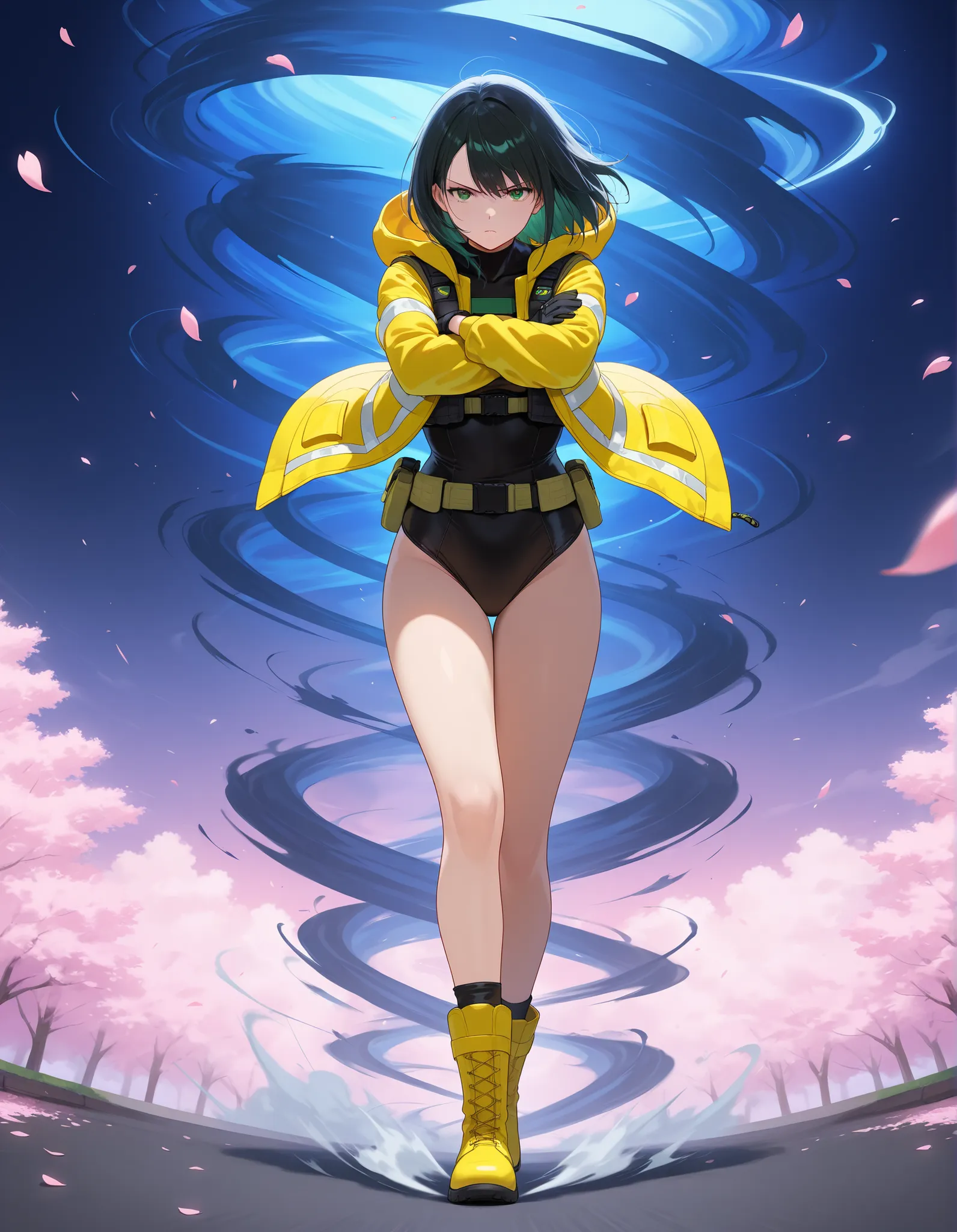 masterpiece, best quality, high res, 8k, 1girl, solo, solo focus, full body shot, (black hair, medium hair, medium breasts, green eyes), ninja, perfect anatomy, cyberpunk style, ((load-bearing vest, belt, black gloves, (black leotard, yellow hooded jacket)...