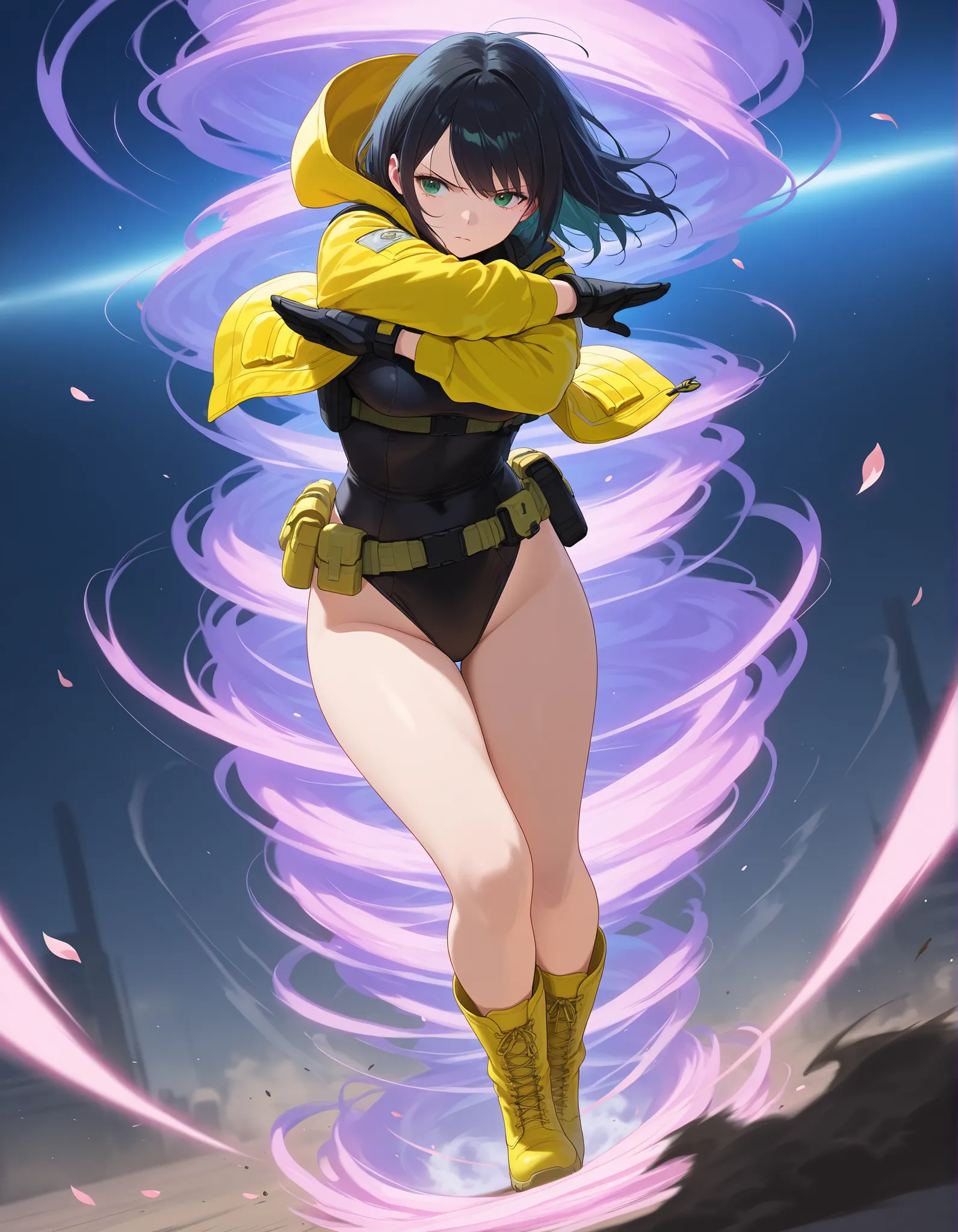 masterpiece, best quality, high res, 8k, 1girl, solo, solo focus, full body shot, (black hair, medium hair, medium breasts, green eyes), ninja, perfect anatomy, cyberpunk style, ((load-bearing vest, belt, black gloves, (black leotard, yellow hooded jacket)...
