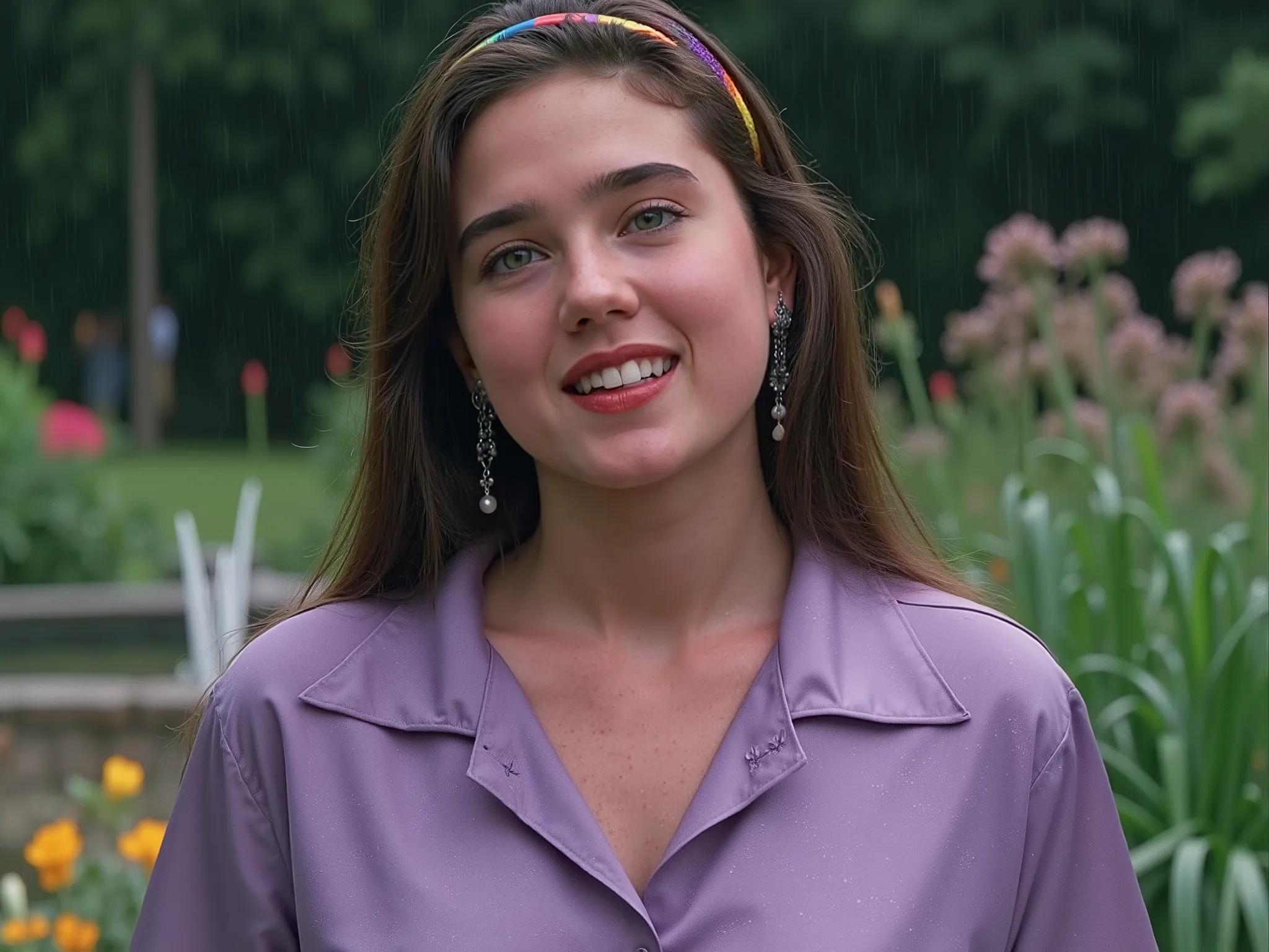 (masterpiece, of the best quality:1.2),   beautiful high school girl,  Jennifer Connelly, Picture taken looking down at her from above, full body photo upto foots、She is soaking in the pond water and smiling at someone while walking、dark lavender silk blou...