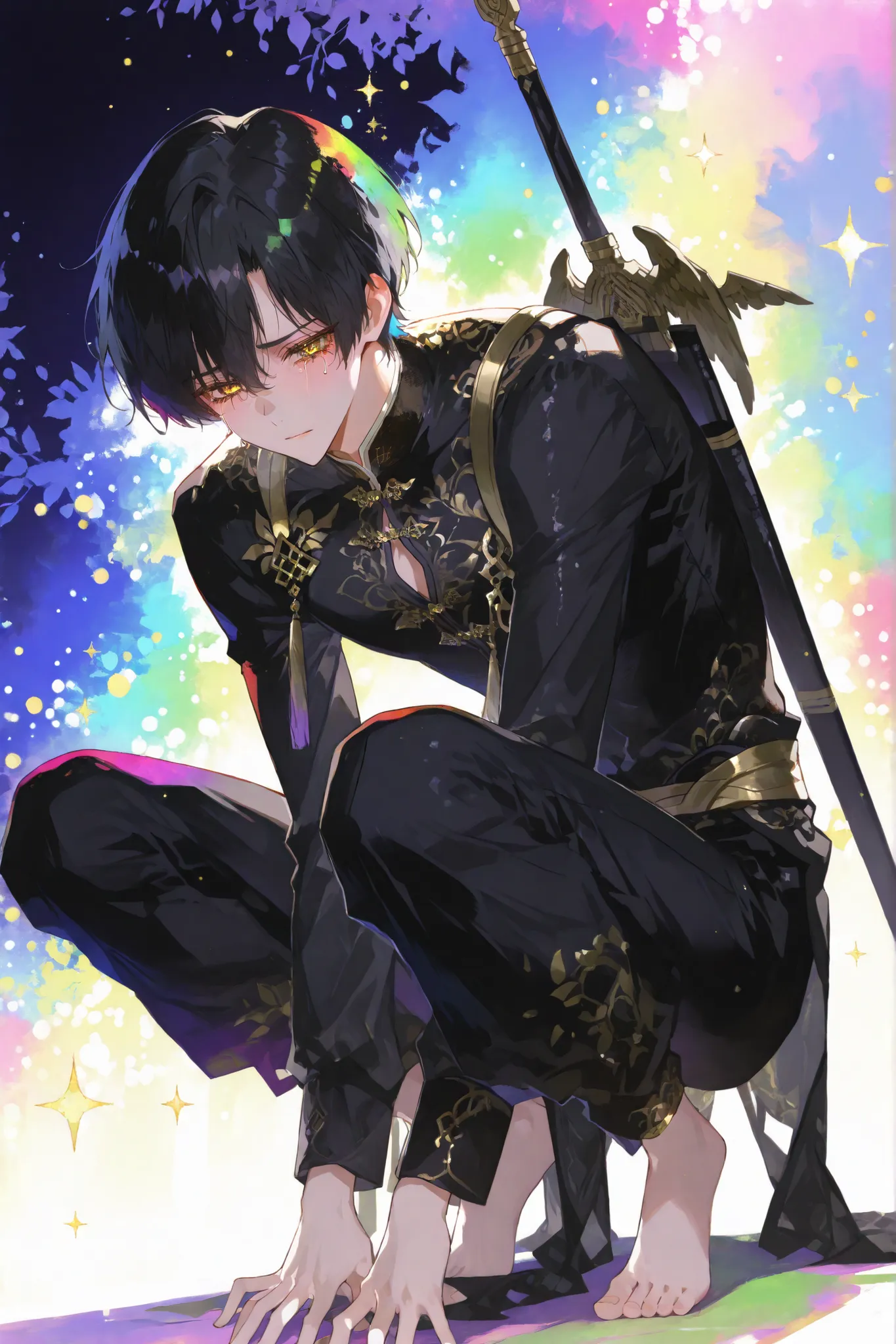 black hair based on Ok Taek Yeon's illustration, colorful background, Guanjo wing on back, yellow eyes with one side of the wing falling off, vestiges, tearful, squatting position