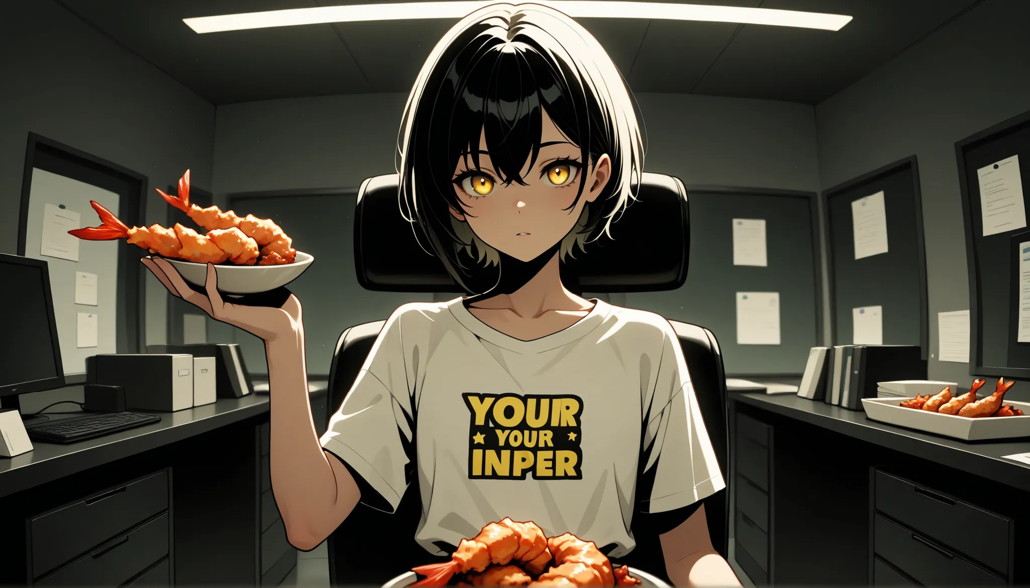 top quality, 8k, 4K, high resolution, High Contrast, You can see your upper body , black short hair,(beautiful detailed face), Neutral Facial Features, Pretty yellow eyes , Beautiful Eyes, flat chest,  white short sleeve shirt, ２０ male, office, fried shrim...