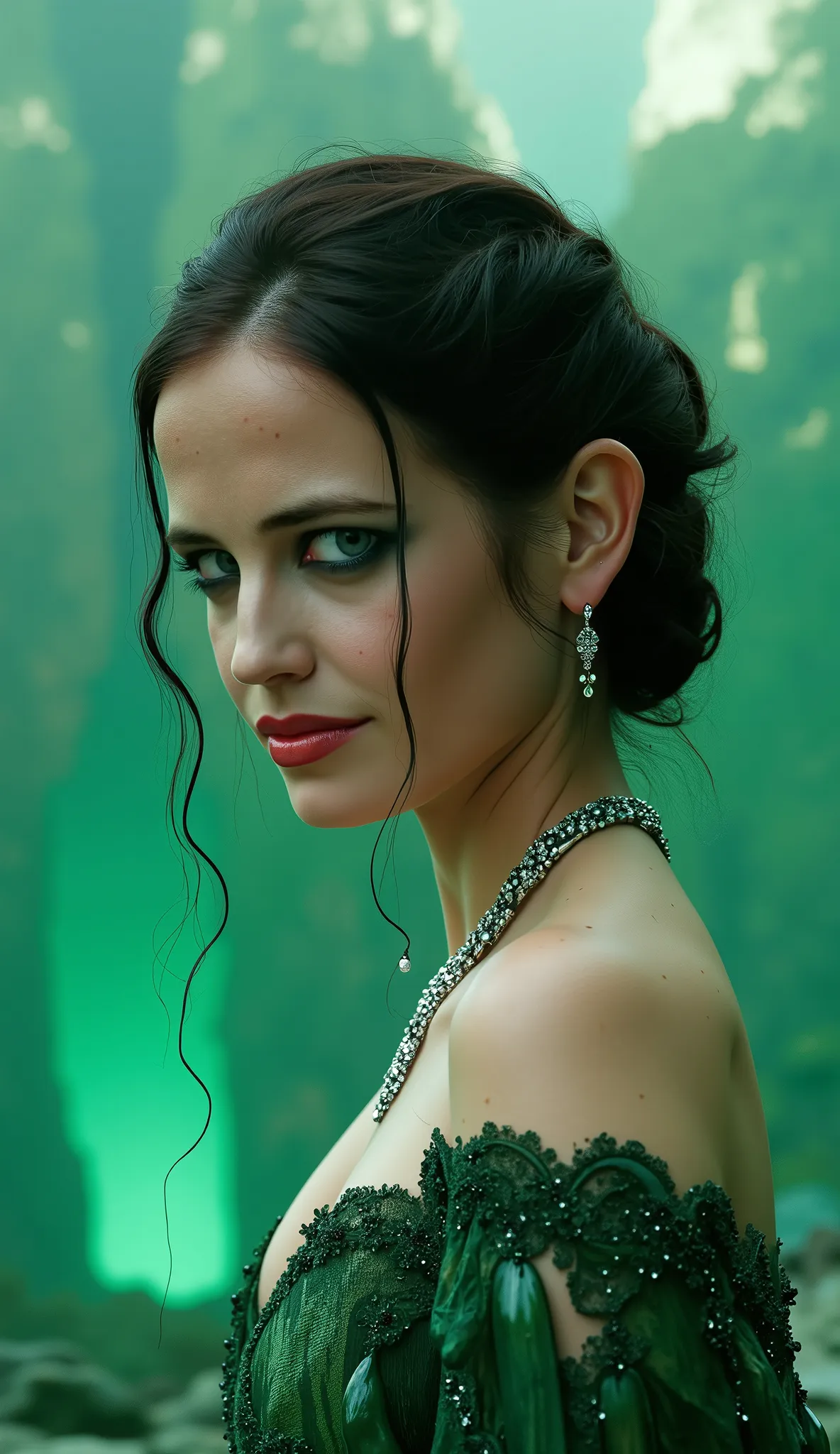 Eva Green in green in high quality mega-realistic with emerald necklace that shines epic background of a place full of green diamonds shining a waterfall and people upper body 