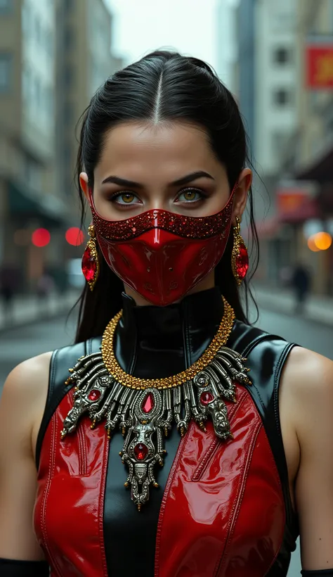 Kristen Stewart from Skarlet from Mortal Kombat with her red mask with super realistic black metal details in high quality, with red earring and gold and red necklace, high quality Soviet Union background with mirrored people and buildings and cars
