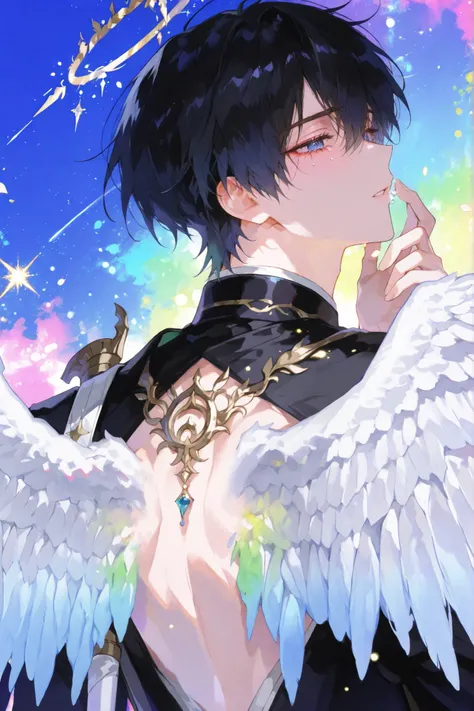 black hair based on Ok Taek Yeon's illustration, colorful background, Guanjo wing on back,[Close up of 2 pairs of wings on the back (2:1)], tearful, [hand falling from the sky (2:3)]