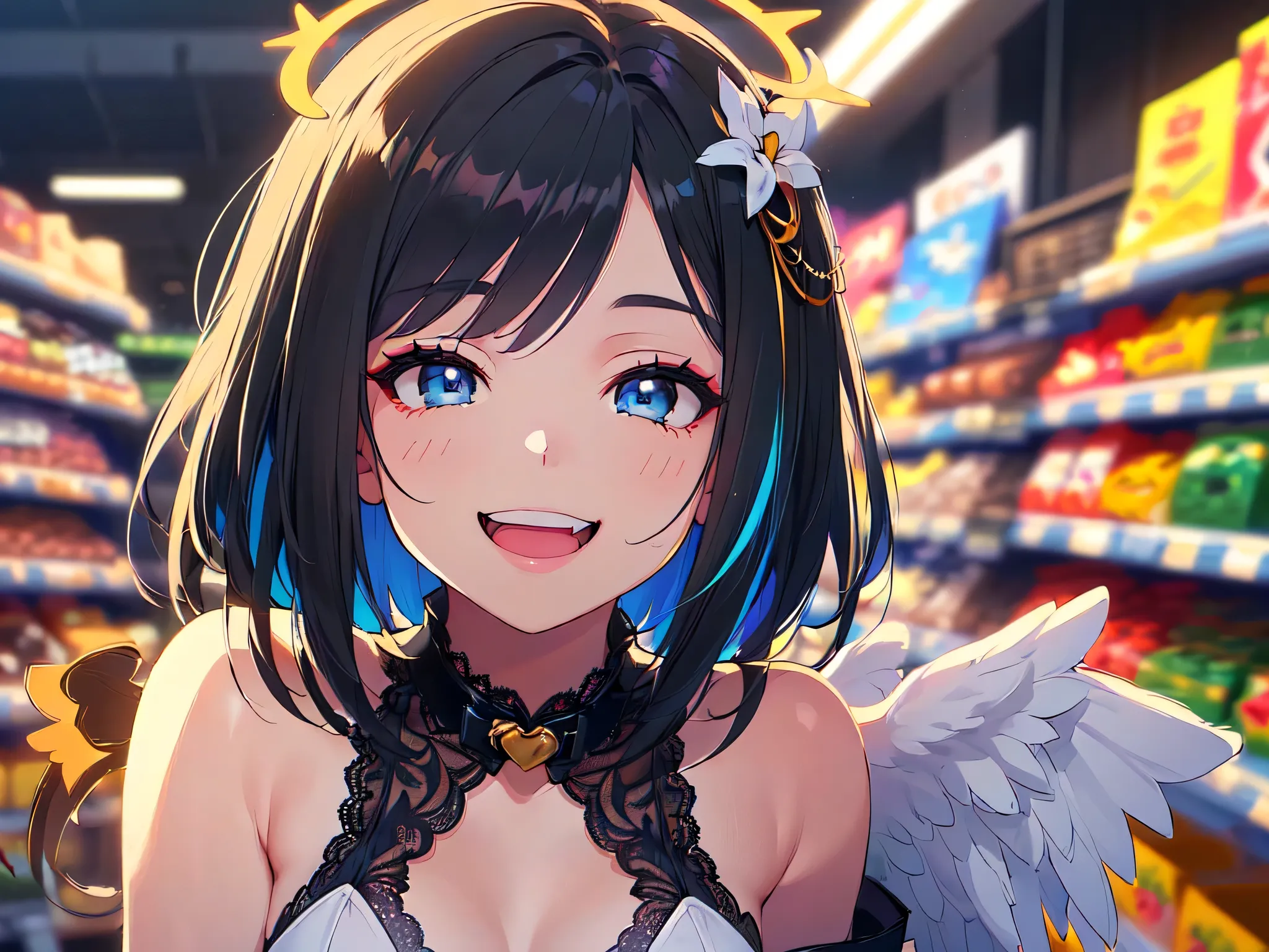 (POV, Toon rendering, Cel shading, Cel look, Toon shading, Toon shader, Cel shader, Diffusion filter, Anatomically correct: 1.5), (Solo, Former fallen angel girl, Angel halo: 1.5), (Shopping at the supermarket: 1.5), (Hidden wings and living in seclusion i...