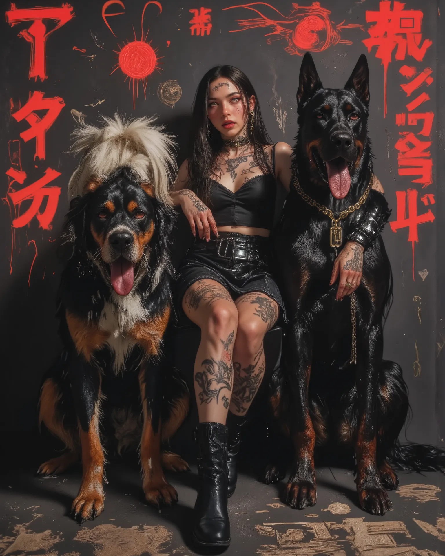 wicked, World of pain and drama and dark and dangerous！、((Dangerous World:1.2)) fashion photography portrait,a young woman, photorealistic, Later ,genuine leather  ,best quality ,  super fine ,mafia  ,facial tattoo, ,(He walks with his huge black Doberman ...
