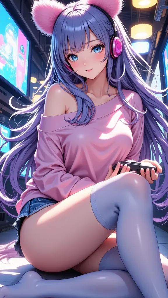  (masterpiece,  computer, mejor quality,  Clear focus, shadow, anime-style, ultra high resolution, 8K, perfect anatomy, perfect face, (detailed face), (  Detailed eye  ), score_9, score_8_above, score_7_above, score_6_above, score_5_above, score_4_above,  source _animated, Label 1, Label2, quality_masterpiece, Anatomically Correct, beautiful face, perfect face, Beautiful and highly detailed face and eyes, Attractive face, detailed face, Delicate facial features, detailed skin, huge breasts, breast size cup D or DD, wide hips, gigantic butt, muslos gruesos. looking at the spectator. Anime-style illustration of a beautiful woman with an elegant and sensual look. An attractive and voluptuous young anime woman with fair skin, sweet expression and direct look. Young anime girl with a futuristic gamer aesthetic, in a room full of screens and neon lights. She has extremely long hair, loose and wavy, with a blue color gradient, purple and golden touches that shine with ambient lighting. She wears large cybernetically designed headphones, adorned with pink plush ears. Her big, bright eyes are turquoise blue, and her expression reflects concentration and emotion while playing with a console controller. She wears a pink sweatshirt with a padded texture that falls slightly from one of her shoulders, showing a white lace top. He wears denim shorts and pastel blue tights. It is surrounded by video game controls and floating screens with bright graphics, creating a technological and vibrant environment. The lighting mixes cold and warm tones, with sparkles that enhance her hair and the immersive atmosphere of the gamer room.