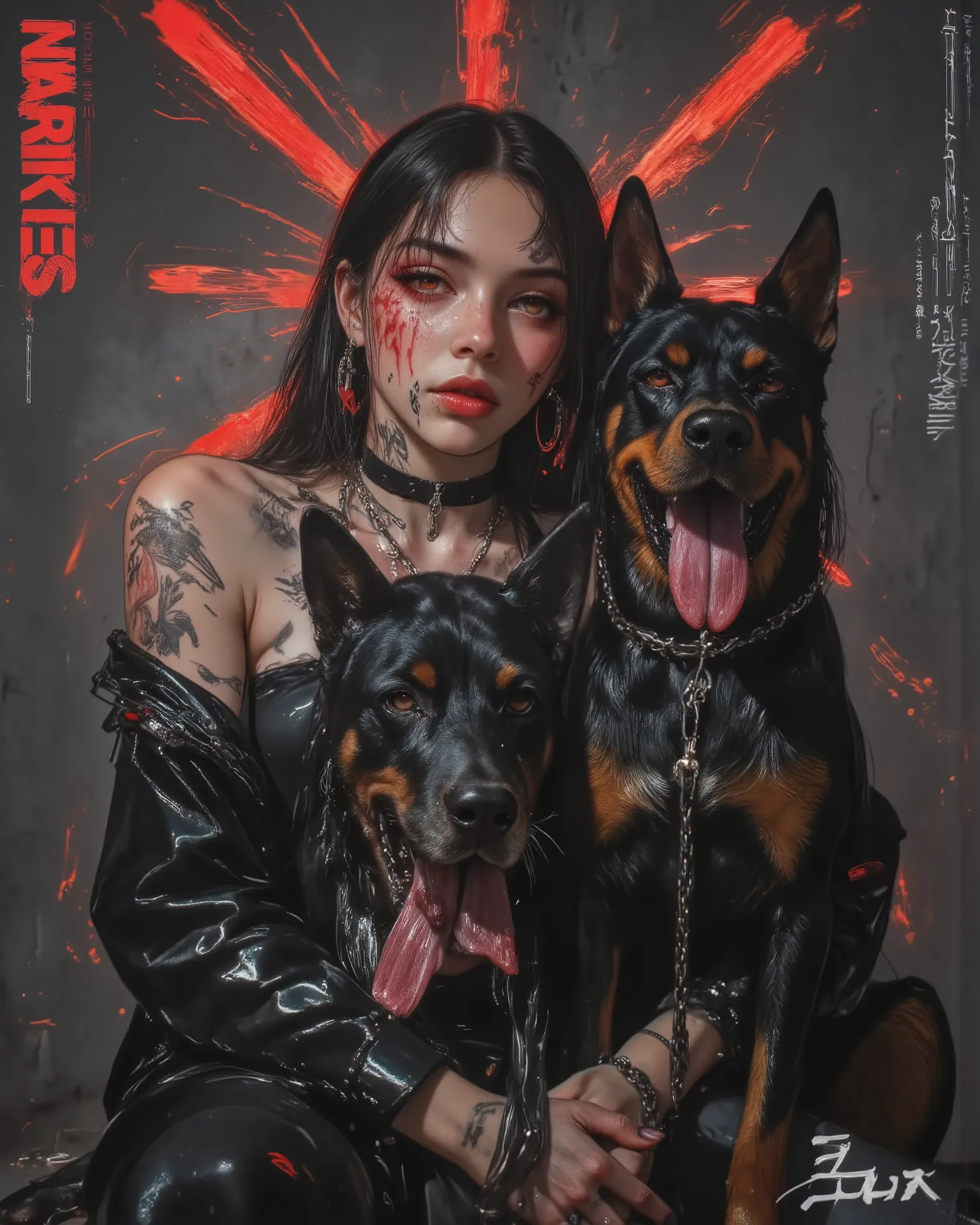 wicked, World of pain and drama and dark and dangerous！、((Dangerous World:1.2)) fashion photography portrait,a young woman, photorealistic, Later ,genuine leather  ,best quality ,  super fine ,mafia  ,facial tattoo, ,(He walks with his huge black Doberman ...