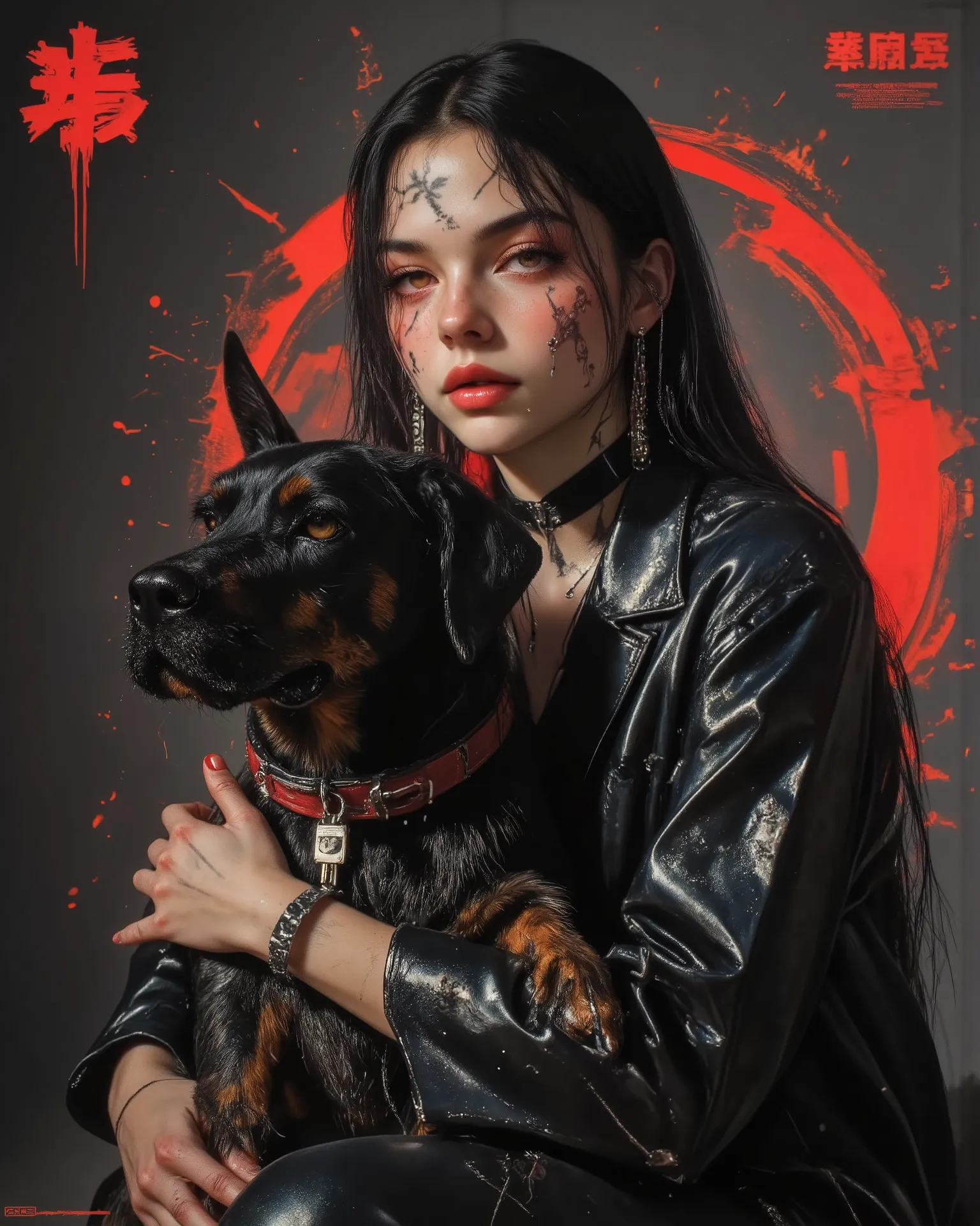 wicked, World of pain and drama and dark and dangerous！、((Dangerous World:1.2)) fashion photography portrait,a young woman, photorealistic, Later ,genuine leather  ,best quality ,  super fine ,mafia  ,facial tattoo, ,(He walks with his huge black Doberman ...