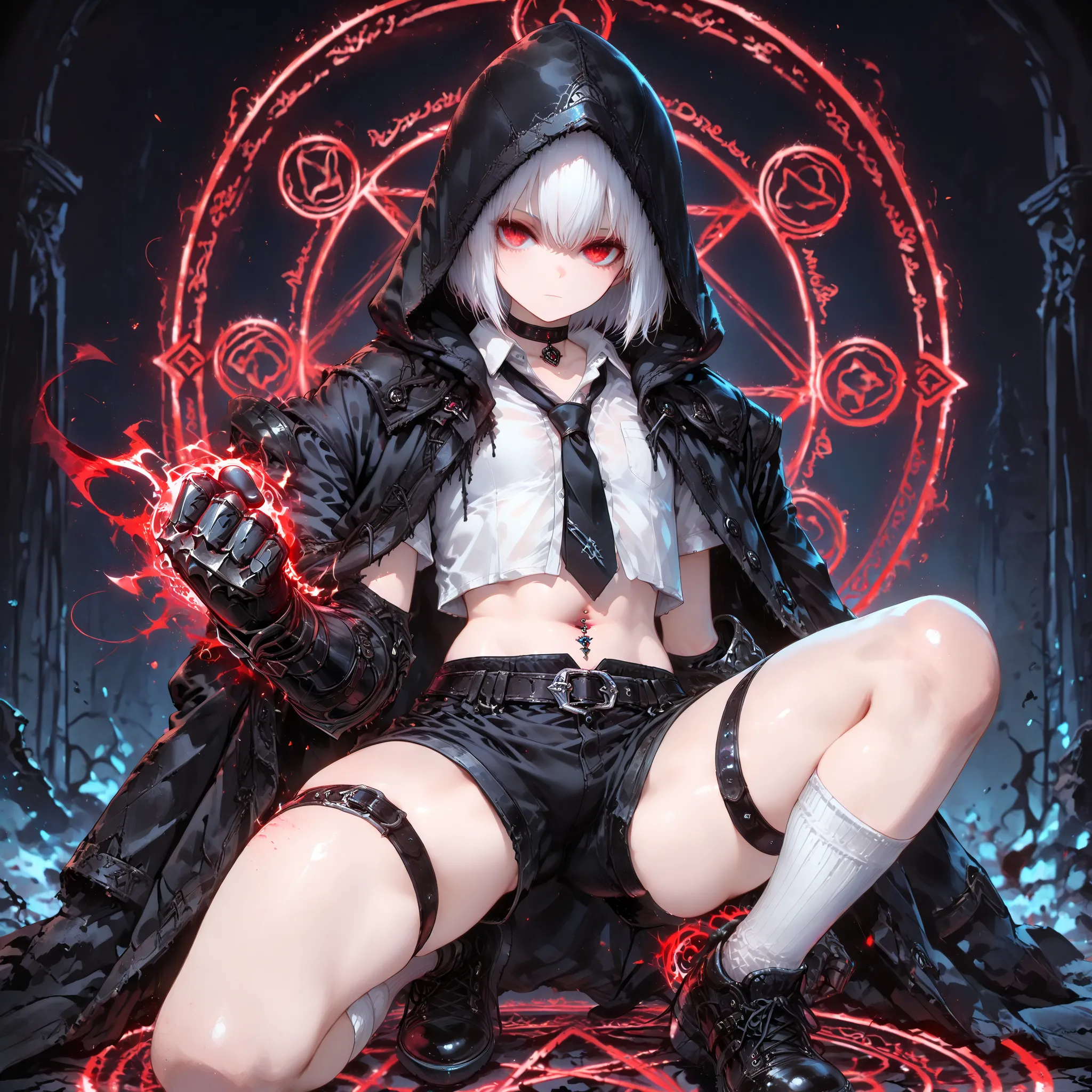 ((best quality)), ((masterpieces)), (detailed), perfect face, SOLO, ((((femboy)))), tomgirl, ANIME, beautiful detailed eyes, BOB hair, BOBed hair, white hair, RED EYES, expressionless, hooded, Magical Eyes, dark background, ((BLACK HOODED coat draped over ...