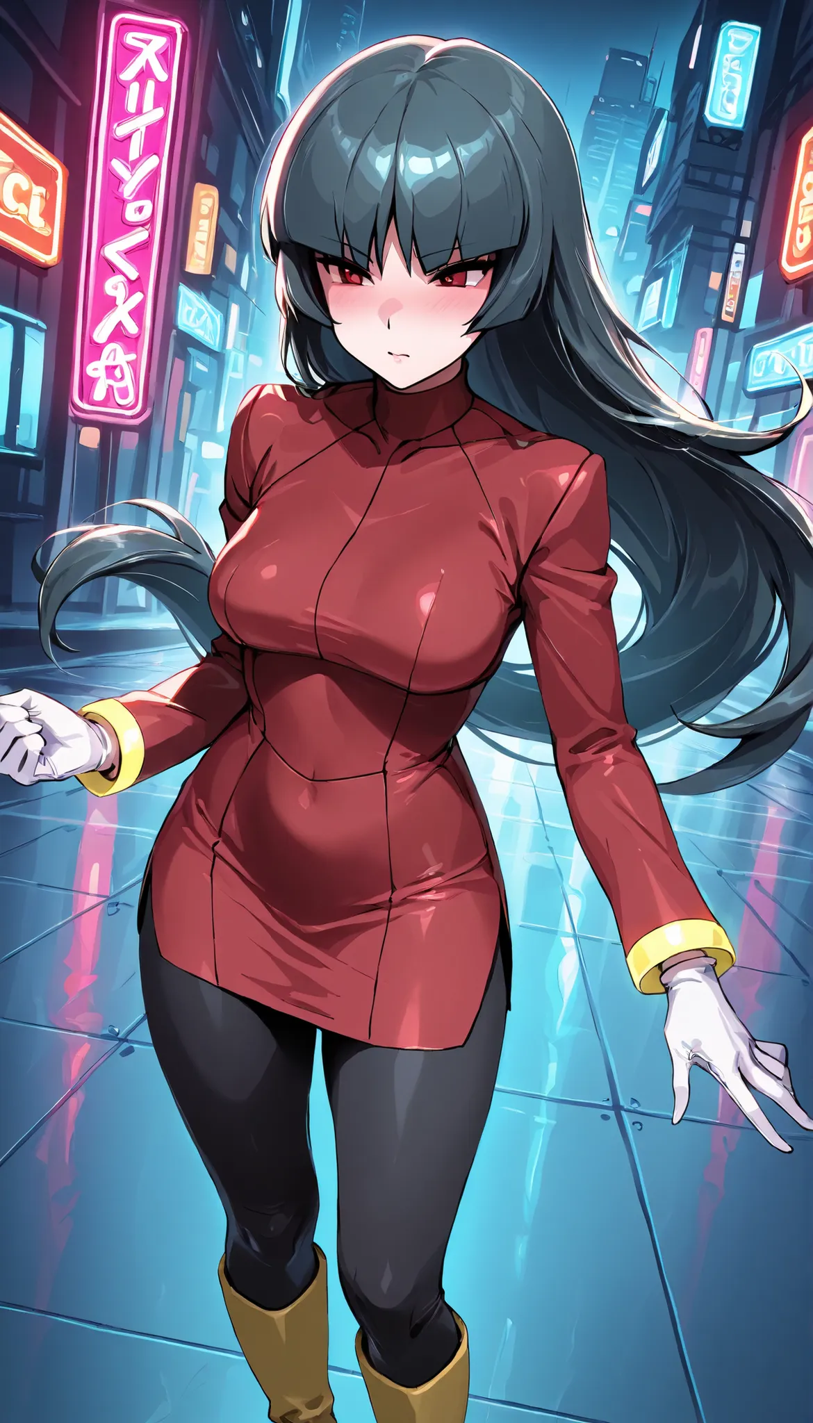 quality_ Masterpiece, anatomically correct, vivid colors, 8k quality 1 girl, Sabrina Pokémon, solo, long inky black coloured hair, red eyes, light skin, slight blush, medium sized breasts, perfect hands, perfect fingers , red dress, black leggings, boots, ...